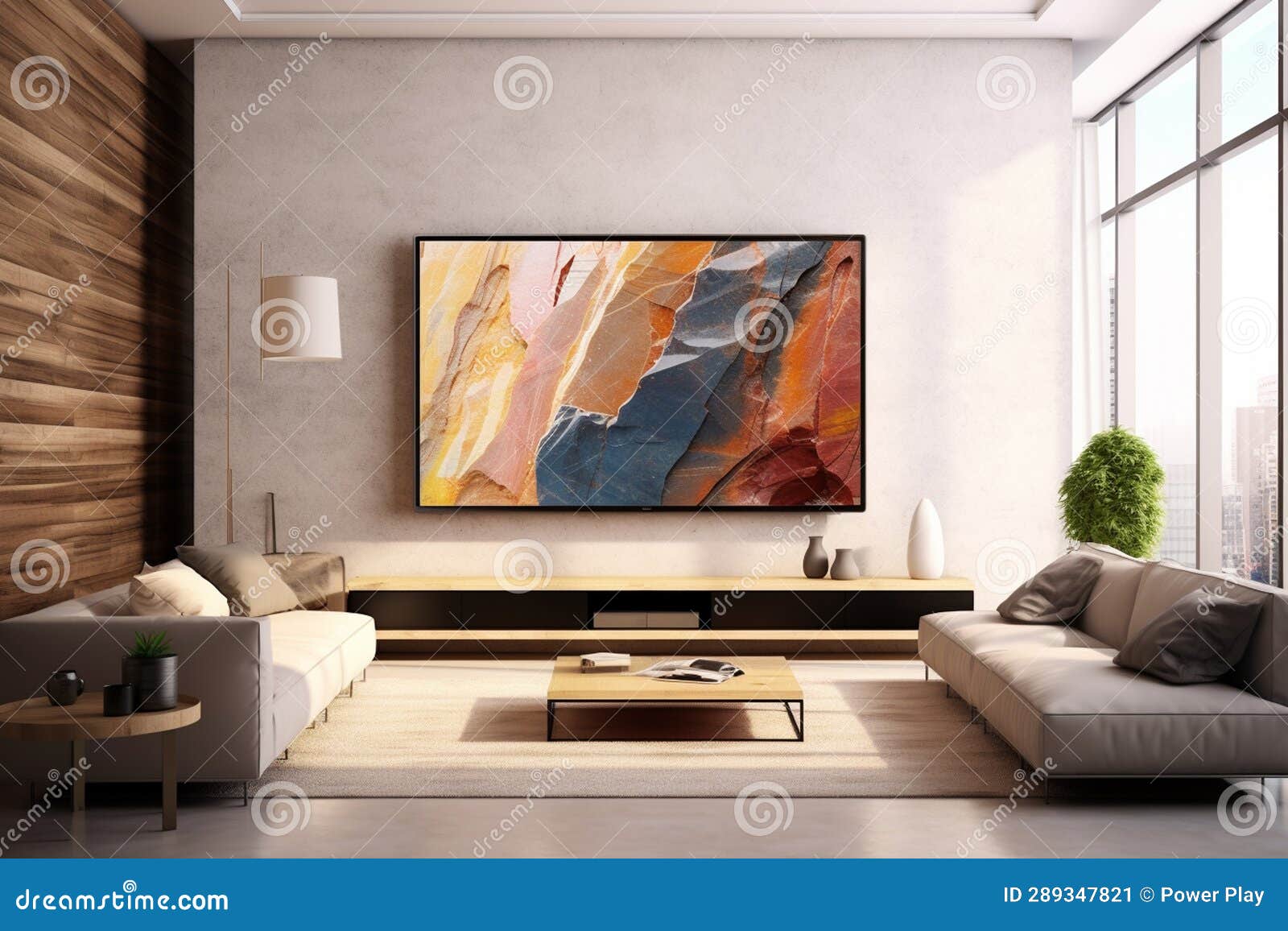 Modern Interior of Living Room with Tv Screen. 3D Rendering Stock ...