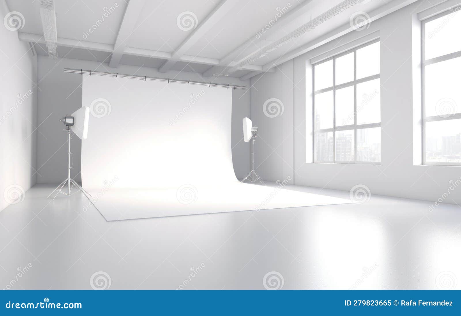 Modern Interior of Photo Studio with White Background. AI Generative