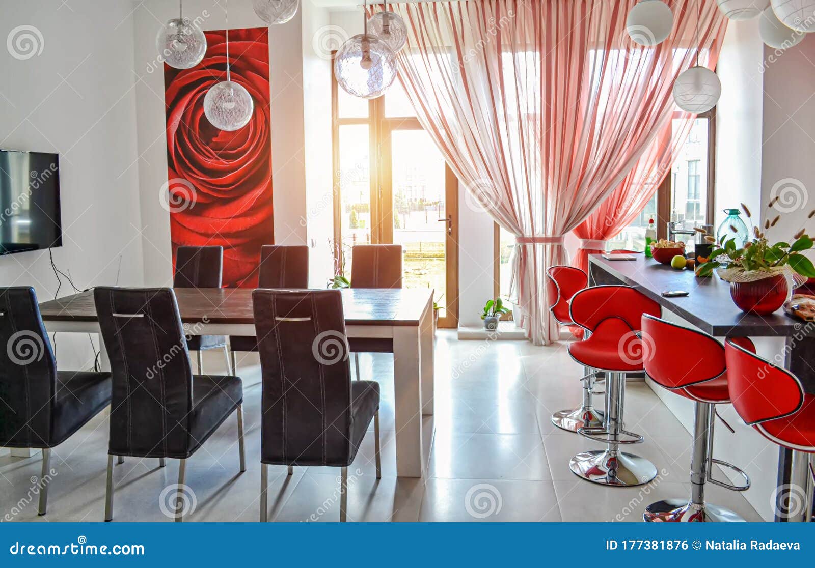 Modern Interior Of A Red White Living Room With A Bar Area And A Dining Business Business Table In A Large Room The Window Is Stock Photo Image Of Floor