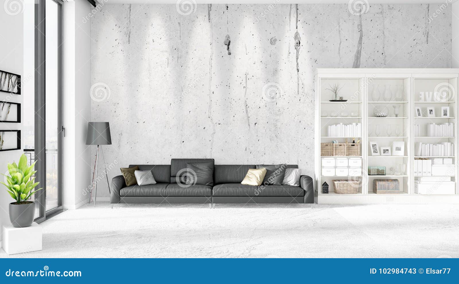 modern interior in vogue with black leather couch and copyspace in horizontal arrangement. 3d rendering.