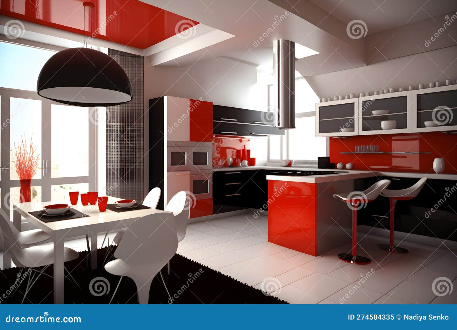 Modern Interior of White and Red Kitchen Stock Illustration