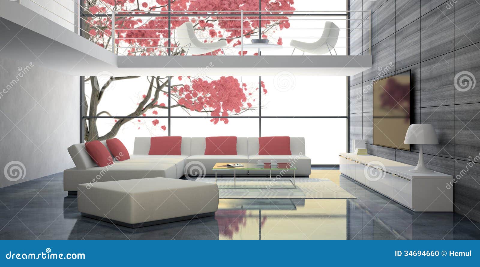 Modern Interior with White Sofas and Pink Pillows Stock Illustration