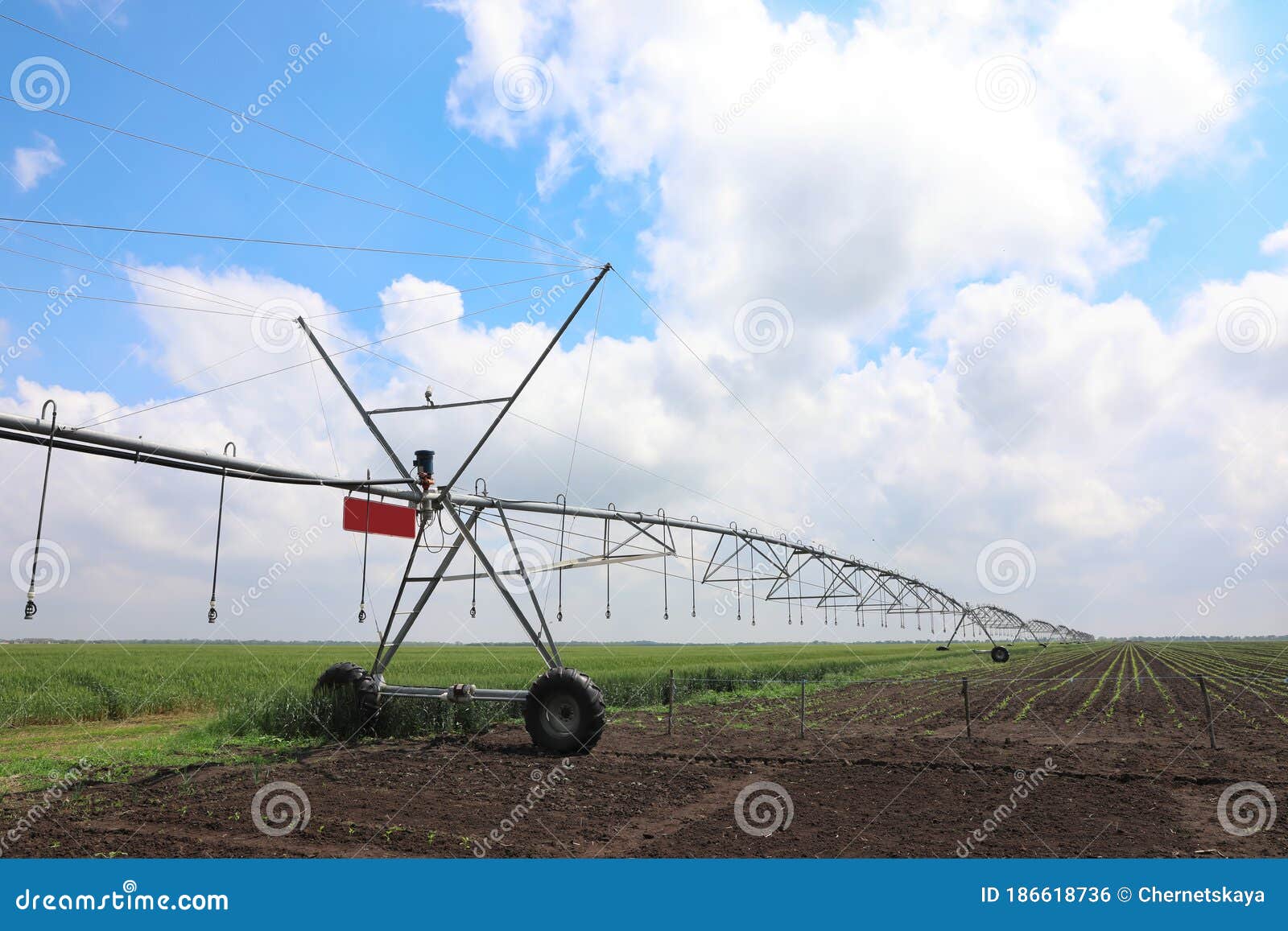 Modern Irrigation System in Field Under Sky. Agricultural Equipment