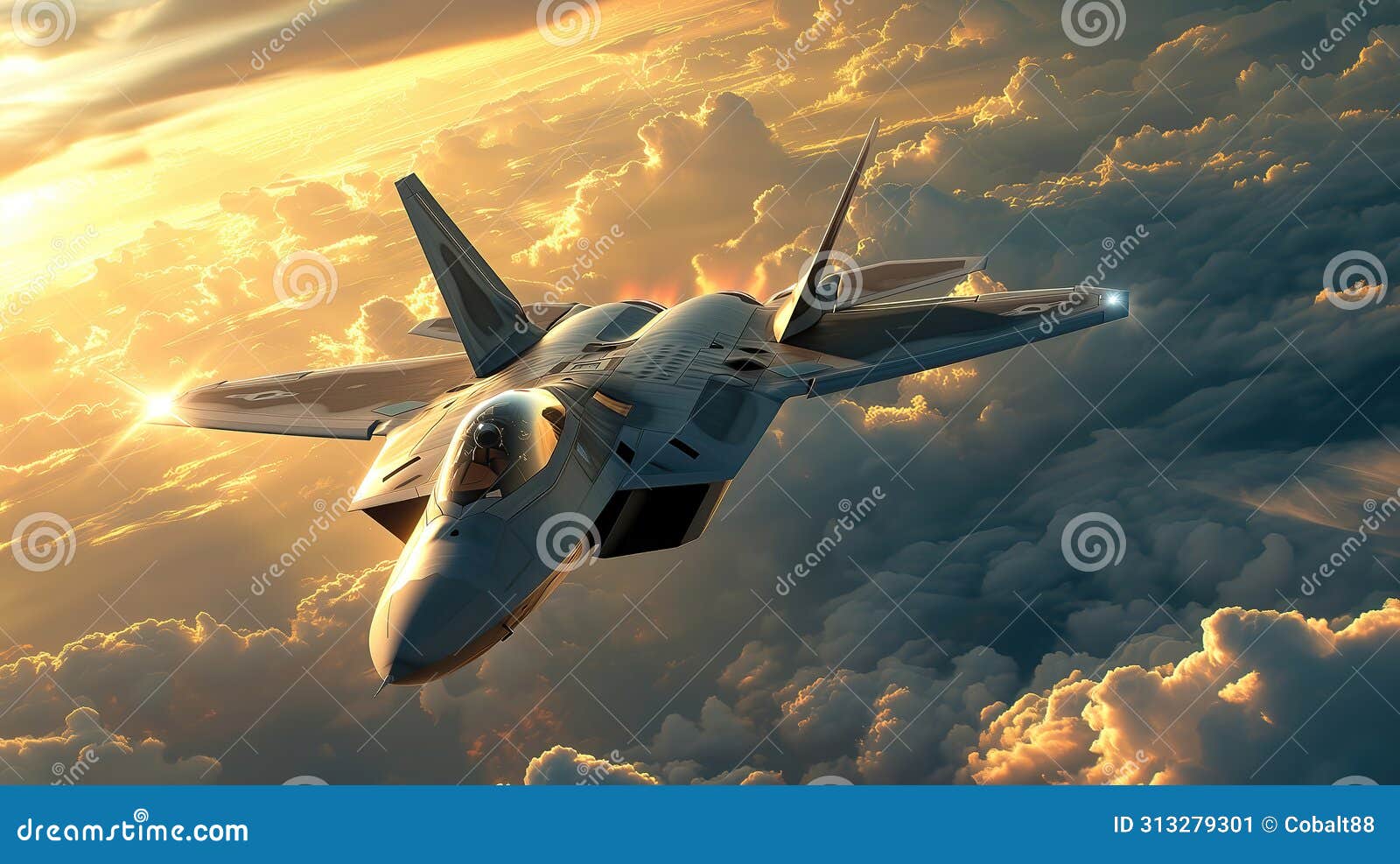 modern jetfighter at high speed flying above the clouds