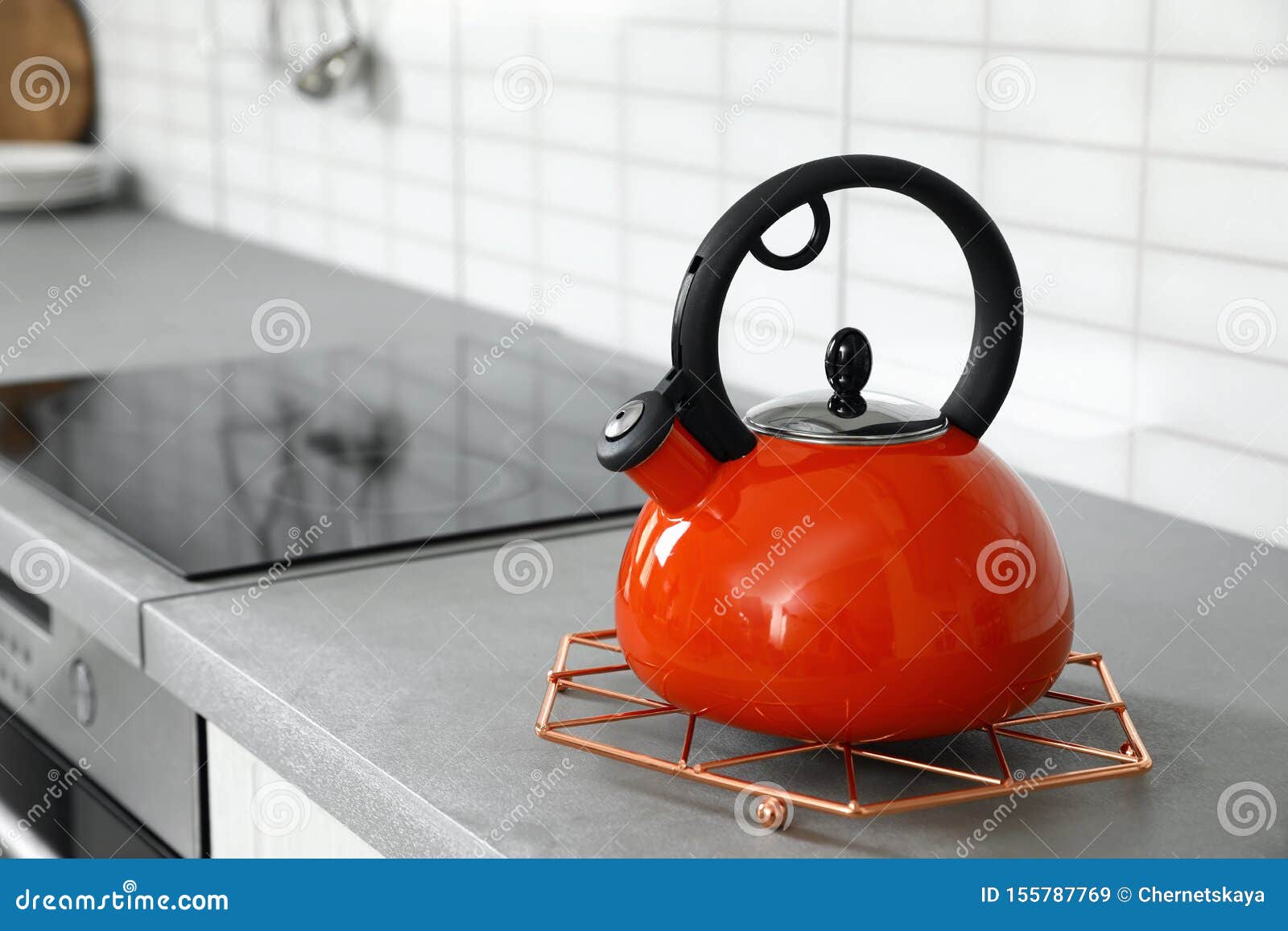 Modern Kettle on Counter Indoors, Space for Text Stock Image Image of
