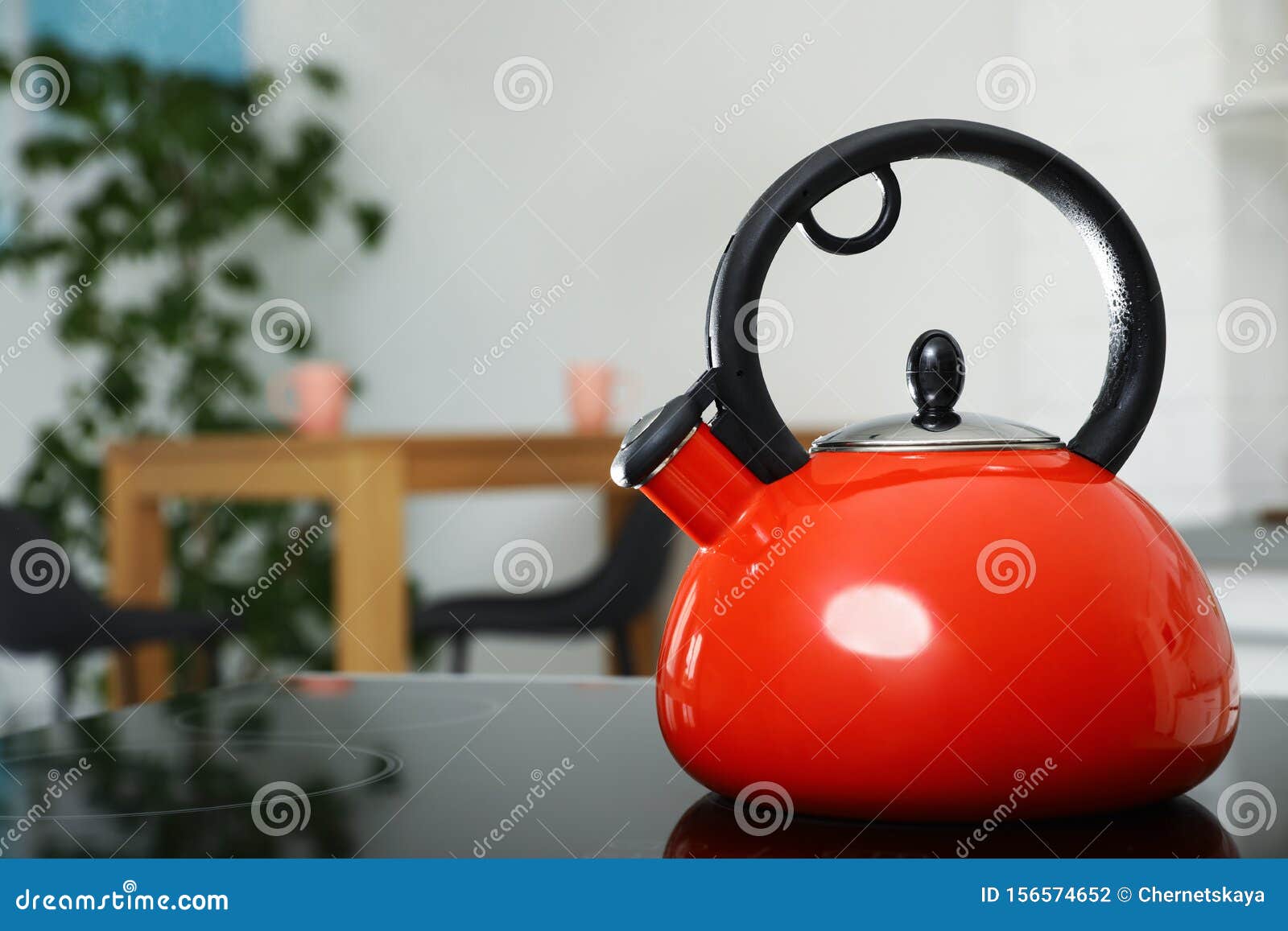 Modern Kettle with Whistle on Stove in Kitchen Stock Photo Image of