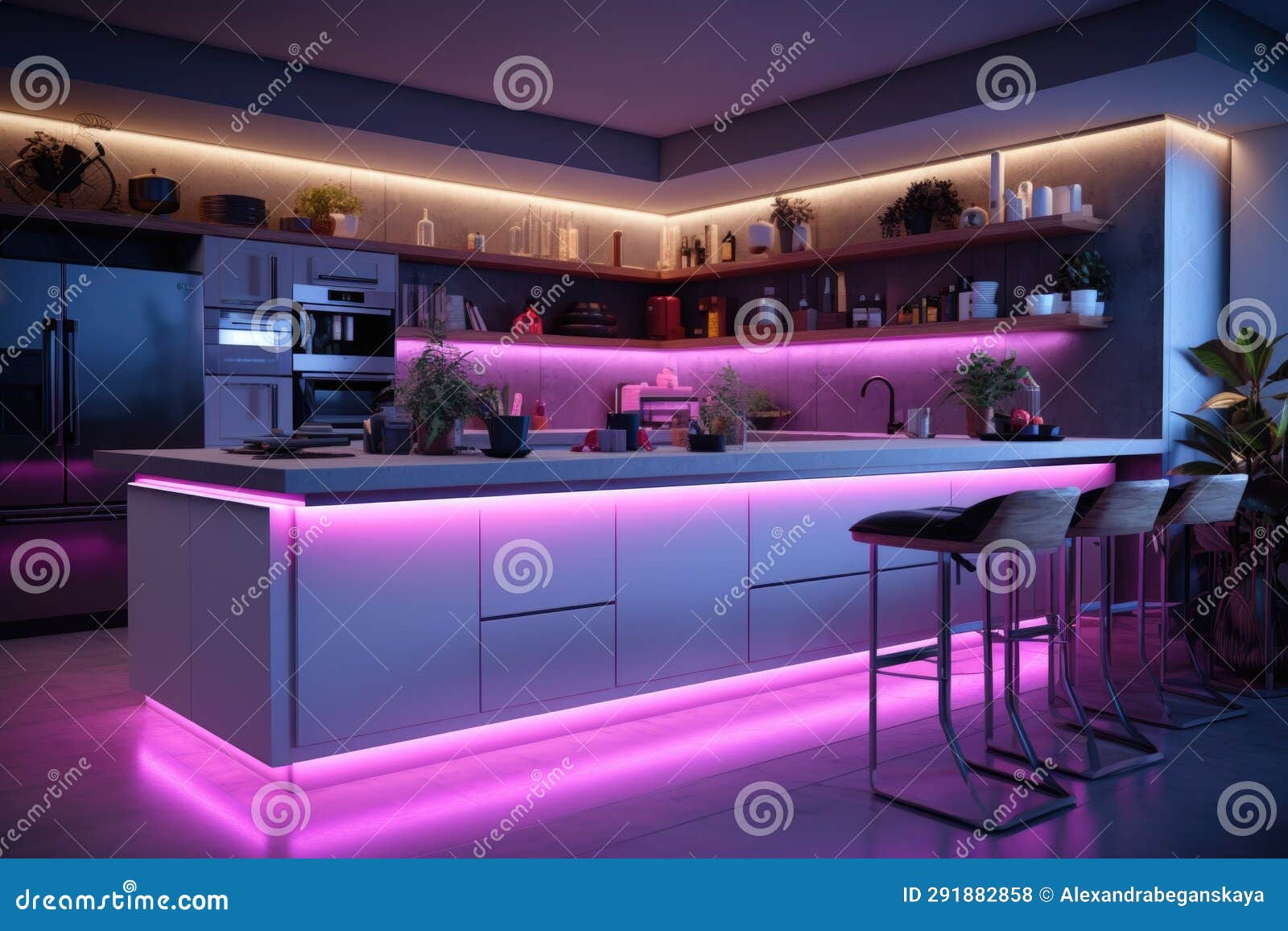 Modern Kitchen with a Bar Counter and Neon Lighting Stock Illustration