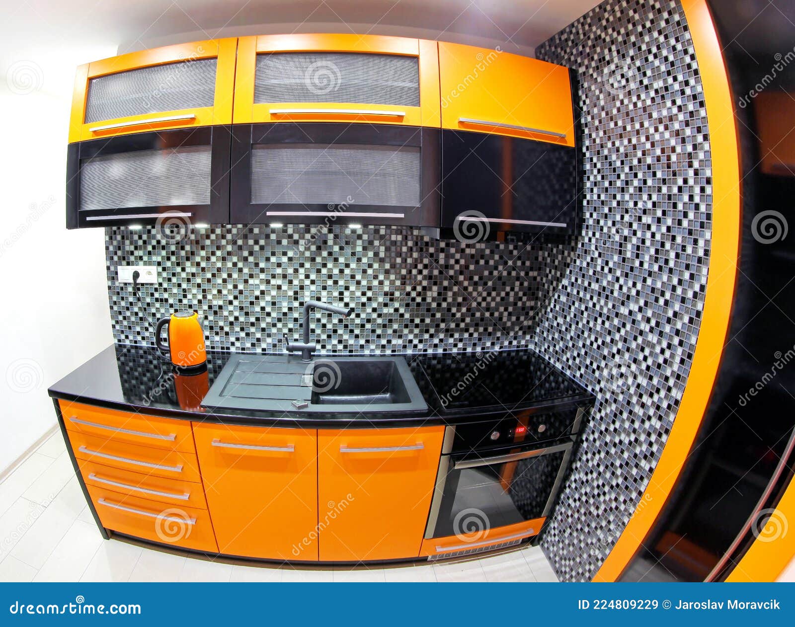 Modern Wooden Furniture in Small Kitchen Stock Image Image of room