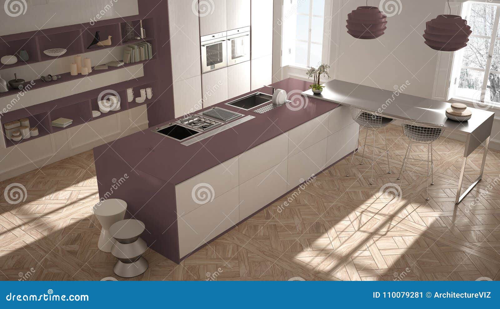 Modern Kitchen In Classic Interior Island With Stools And Two Big