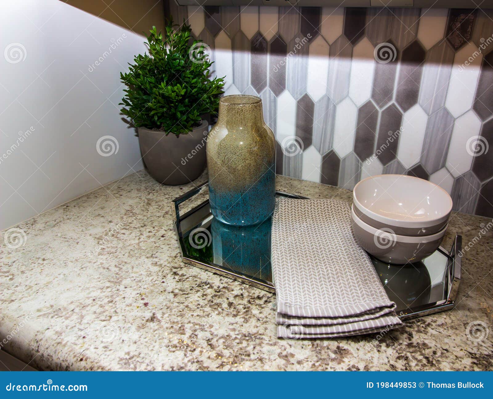 Modern Kitchen Counter with Metal Serving Tray Stock Image Image of
