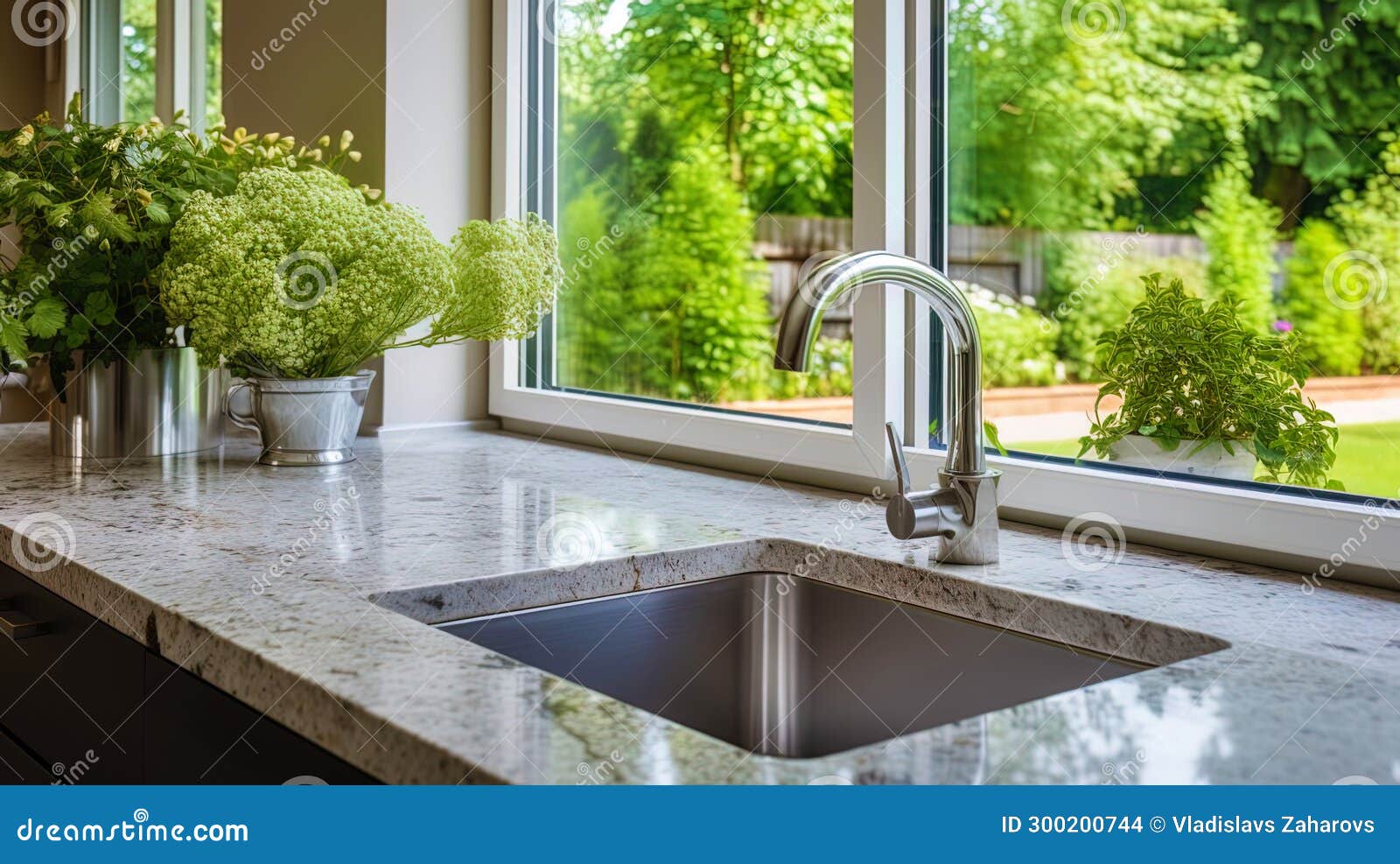 Modern Kitchen Countertop with a View of the Green Garden Outside the