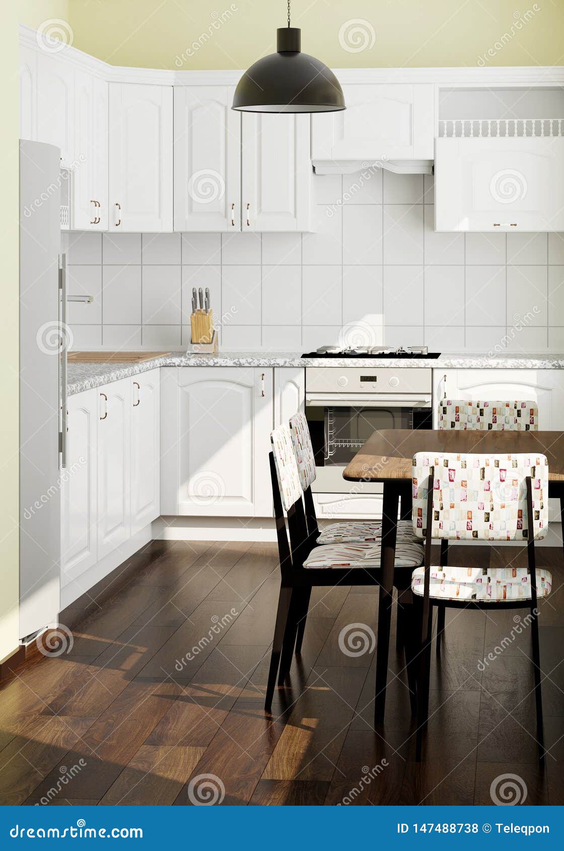 The Modern Kitchen With Dark Wooden Floors Stock Illustration