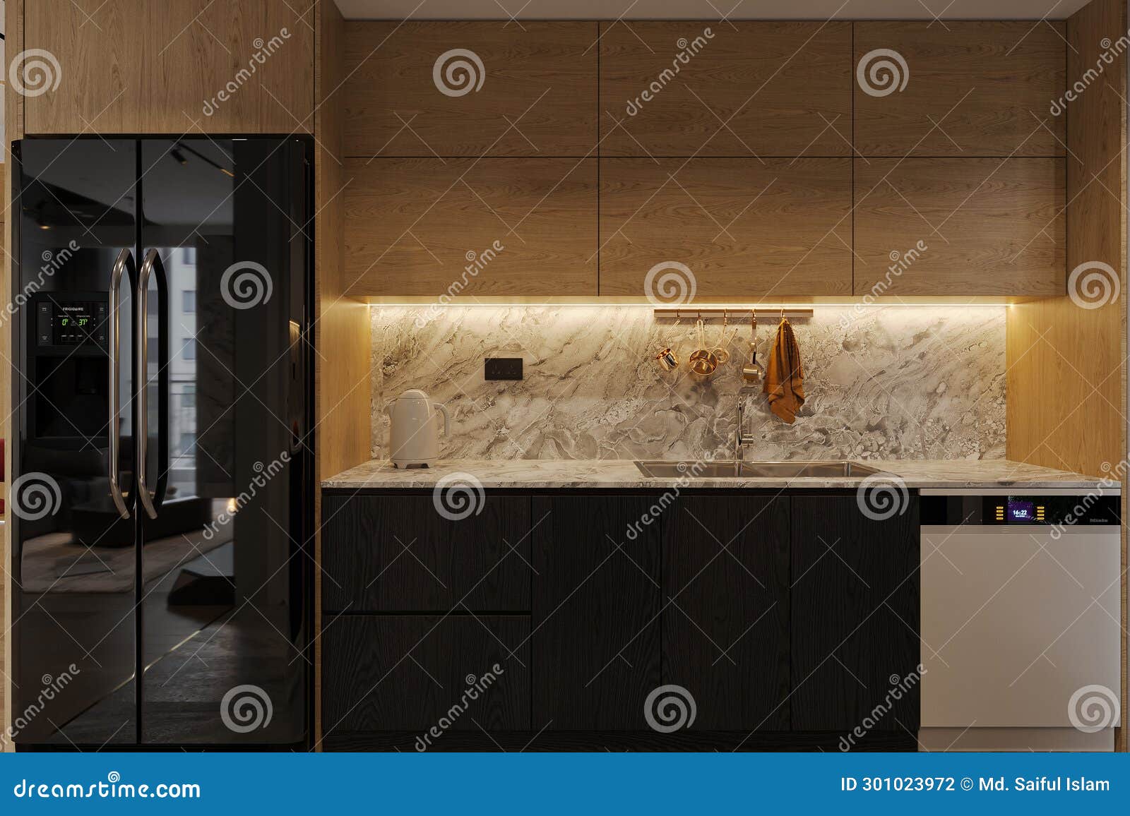 Modern Kitchen Decorated with Black Fridge, Black Cupboard, and