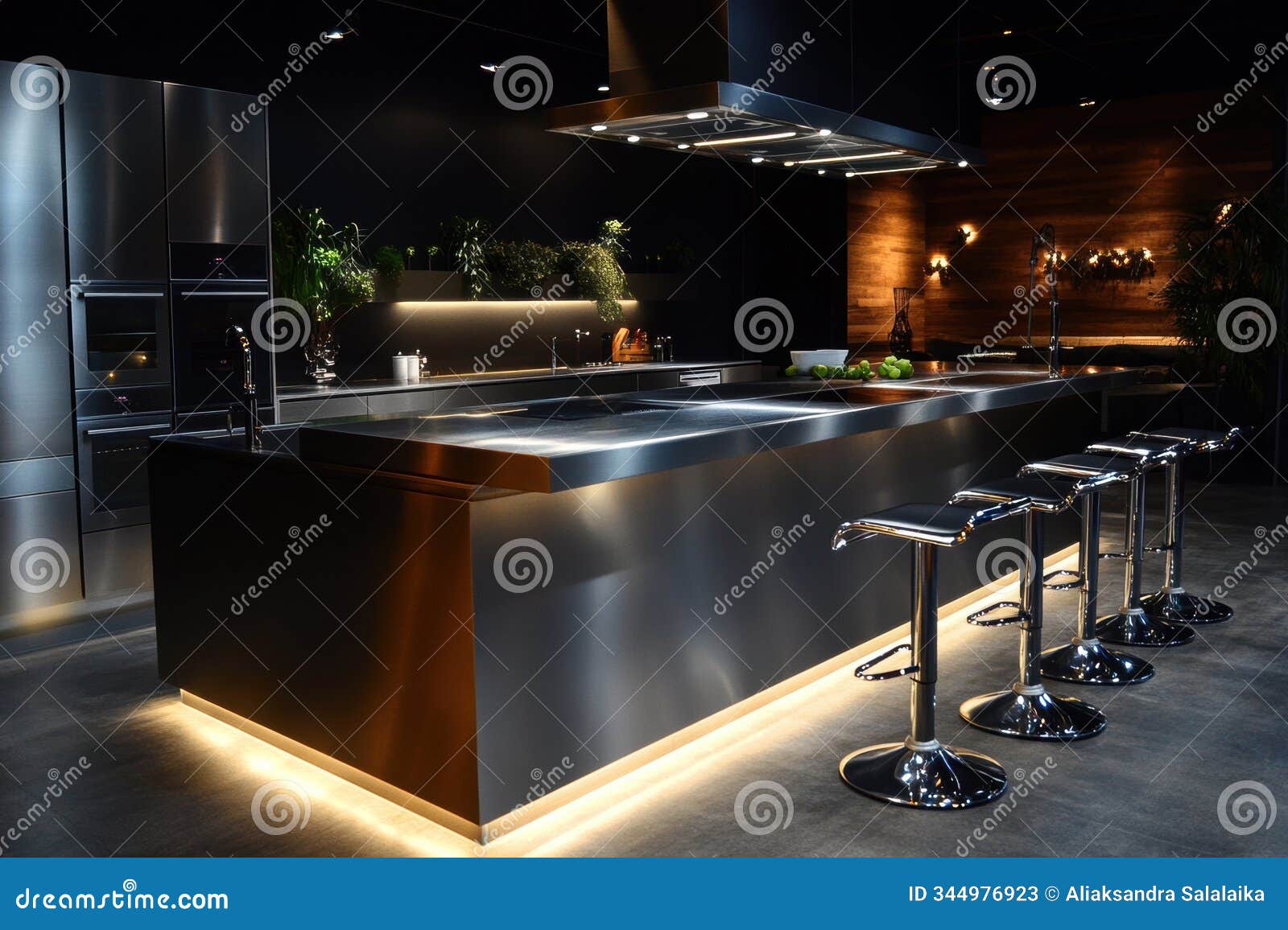 modern kitchen , above a stylish kitchen island, sleek bar stools accompany stainless steel appliances, while