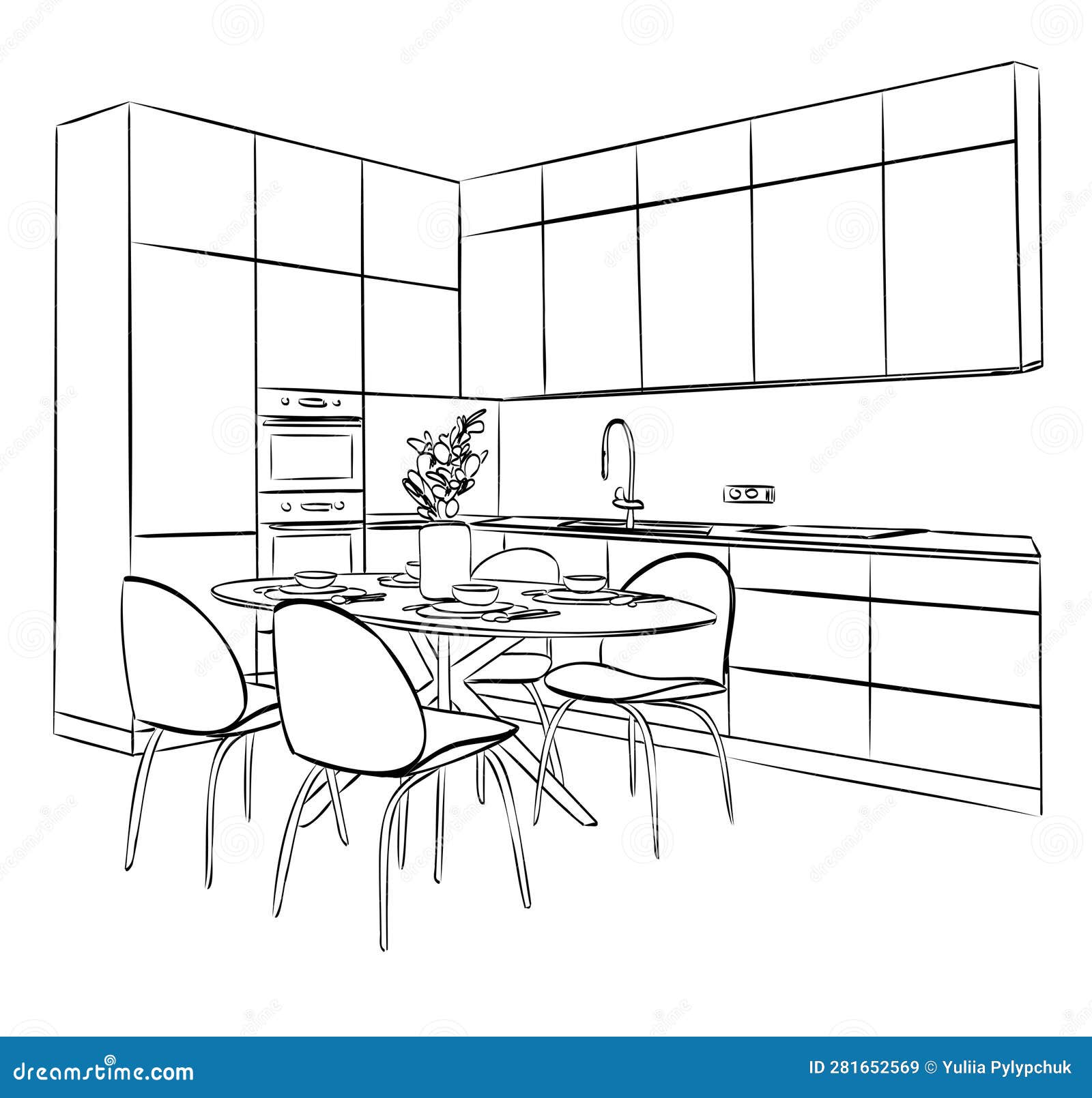 Modern Kitchen Design in Apartment Interior. Kitchen Table in the Room.  Home Interior Design. Drawing Stock Vector - Illustration of isolated,  interior: 281652569, image size:1600x1610