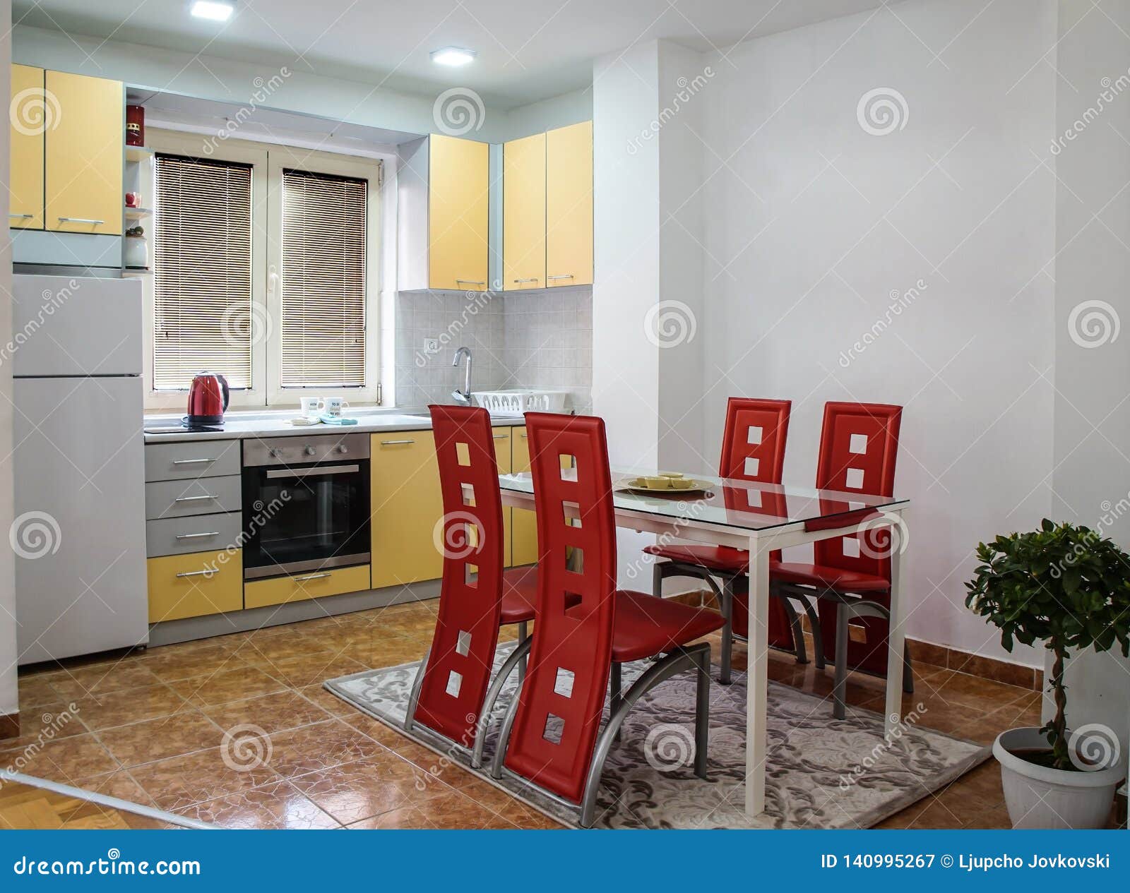 Modern Kitchen With Dining Area With Red Leather Chairs Stock Image Image Of Bright Decorative 140995267