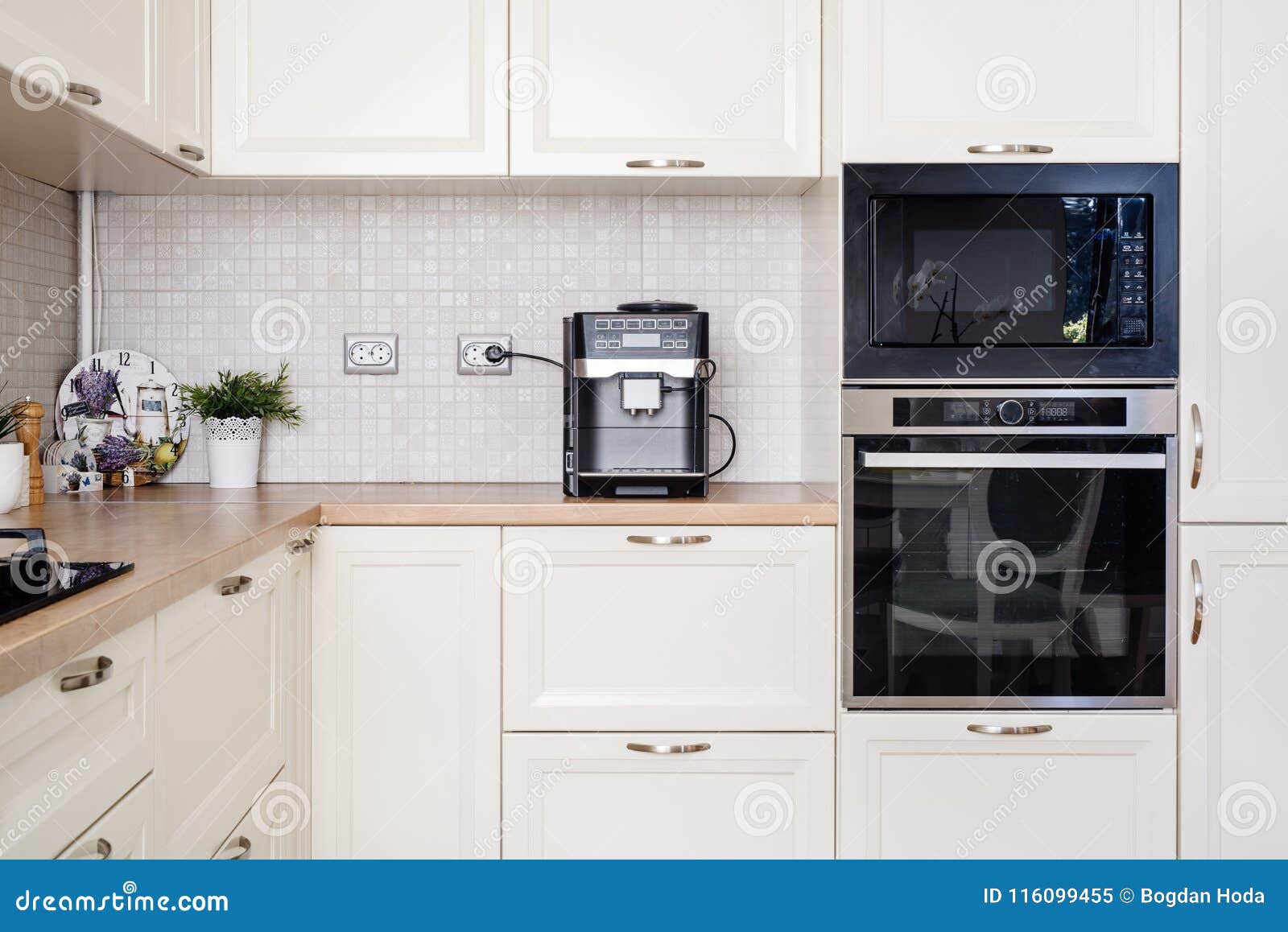 Modern Design Kitchen with Electric Appliances and Wooden Worktop Stock