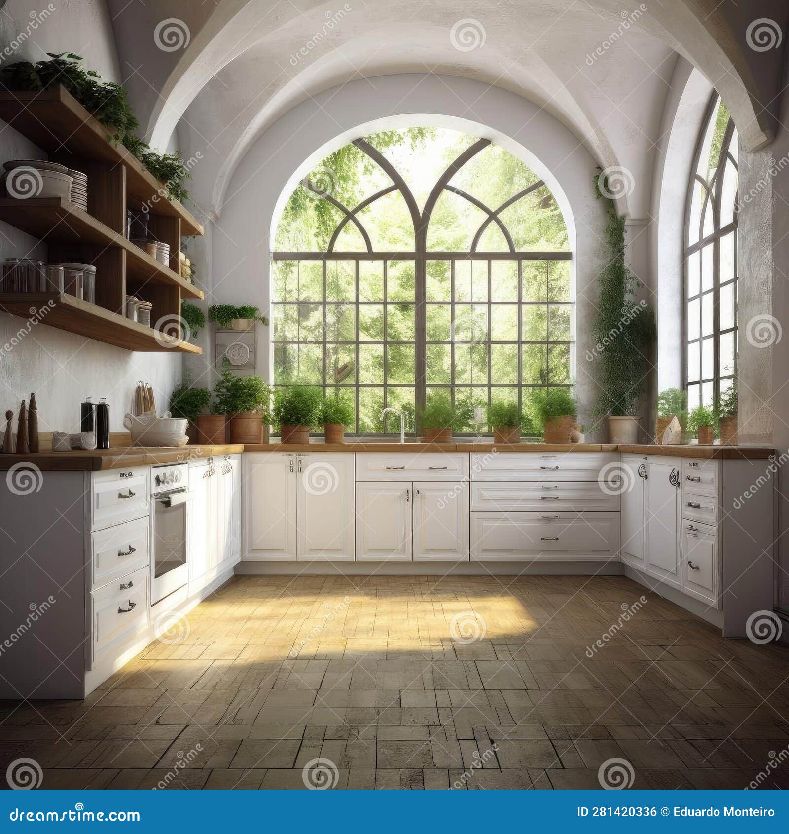 A Modern Kitchen Interior Design with Arched Windows 3D Rendering