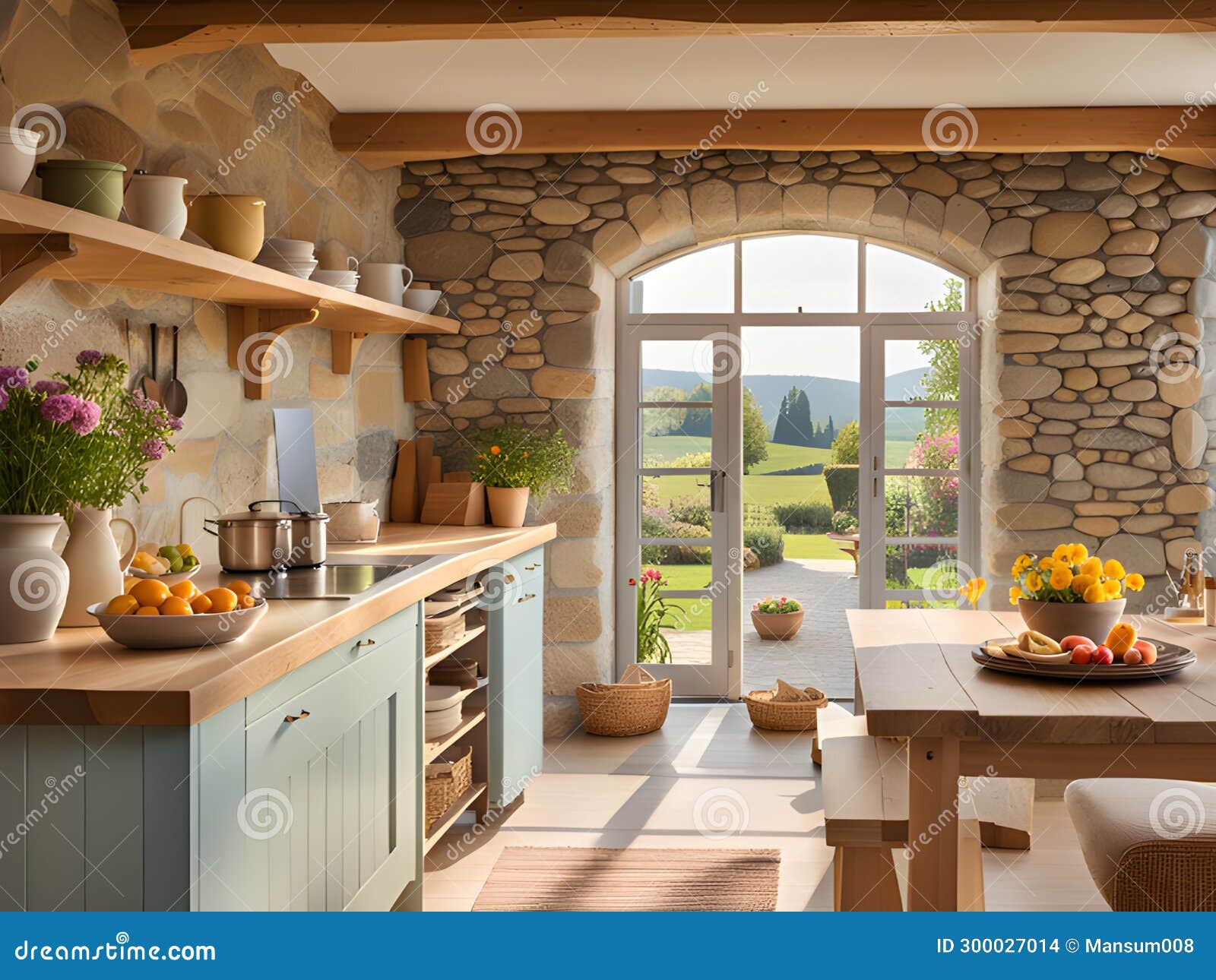 Modern Kitchen Interior Design with Wooden Table and White Chairs Stock Illustration