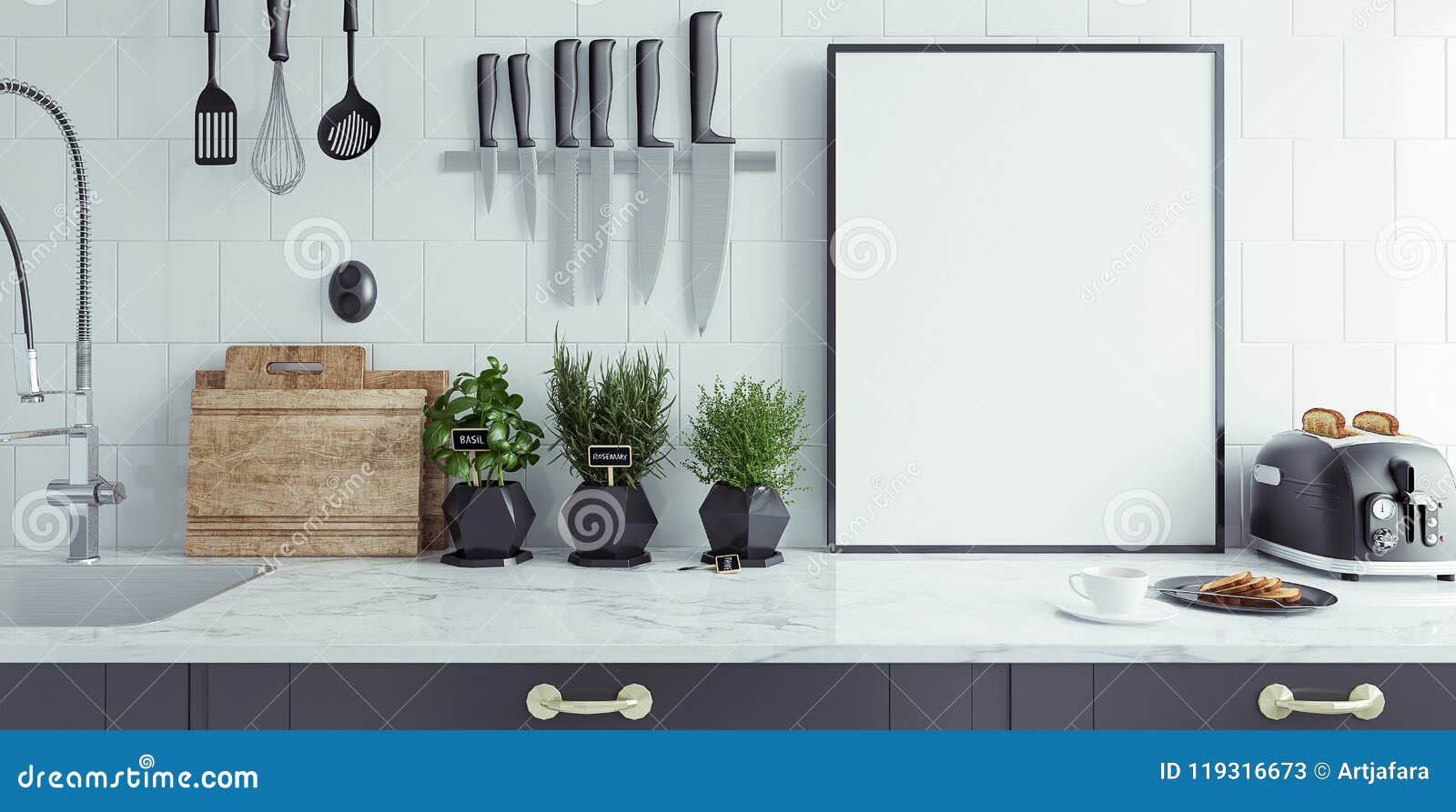 Modern Kitchen Interior with Empty Banner, Mock Up Stock Image Image