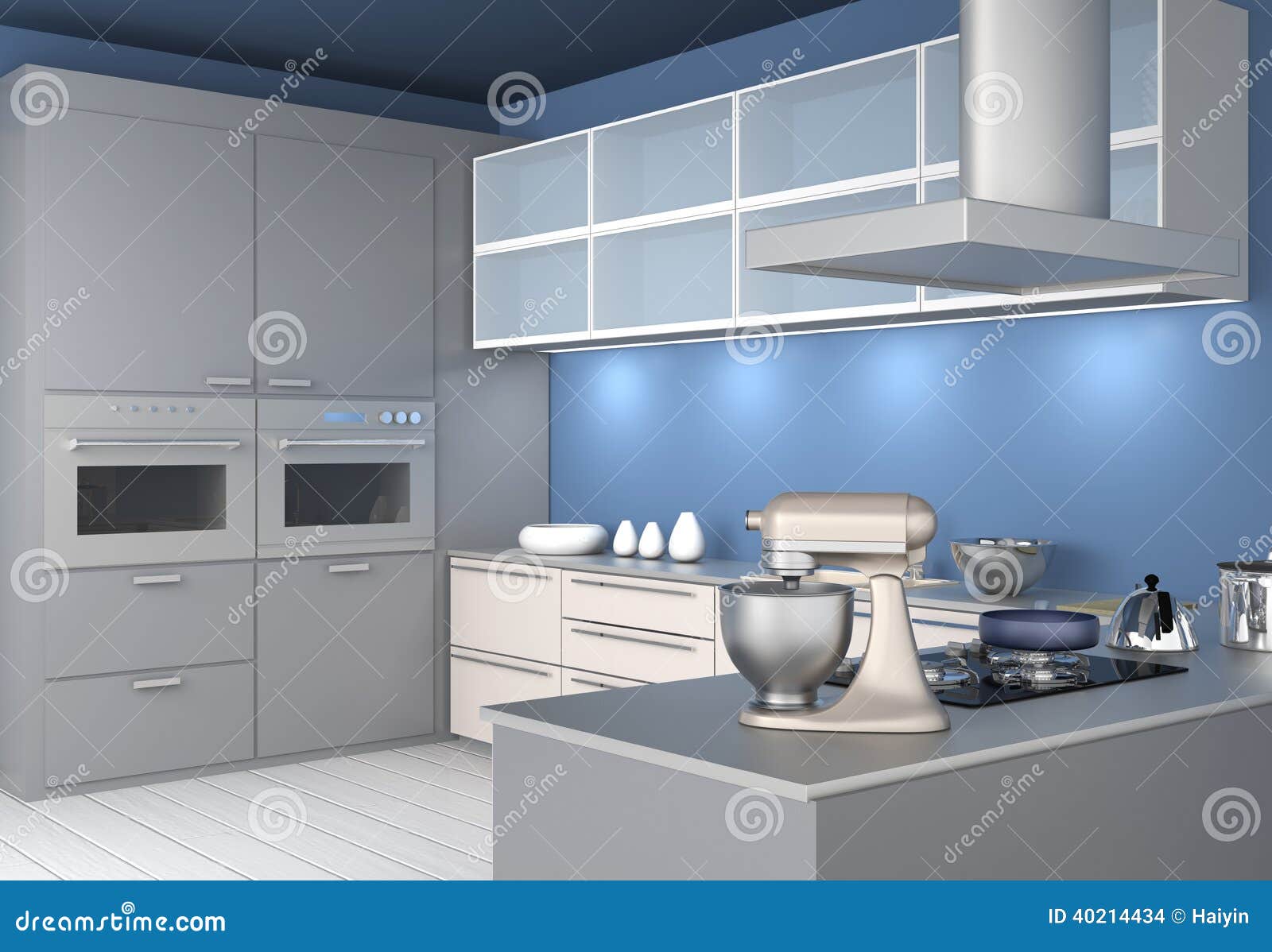 Modern Kitchen Interior with Light Blue Wallpaper Stock Illustration