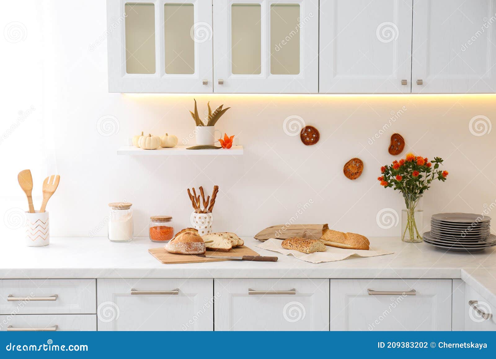 Modern Kitchen Interior with Products on Counter Stock Photo - Image of ...