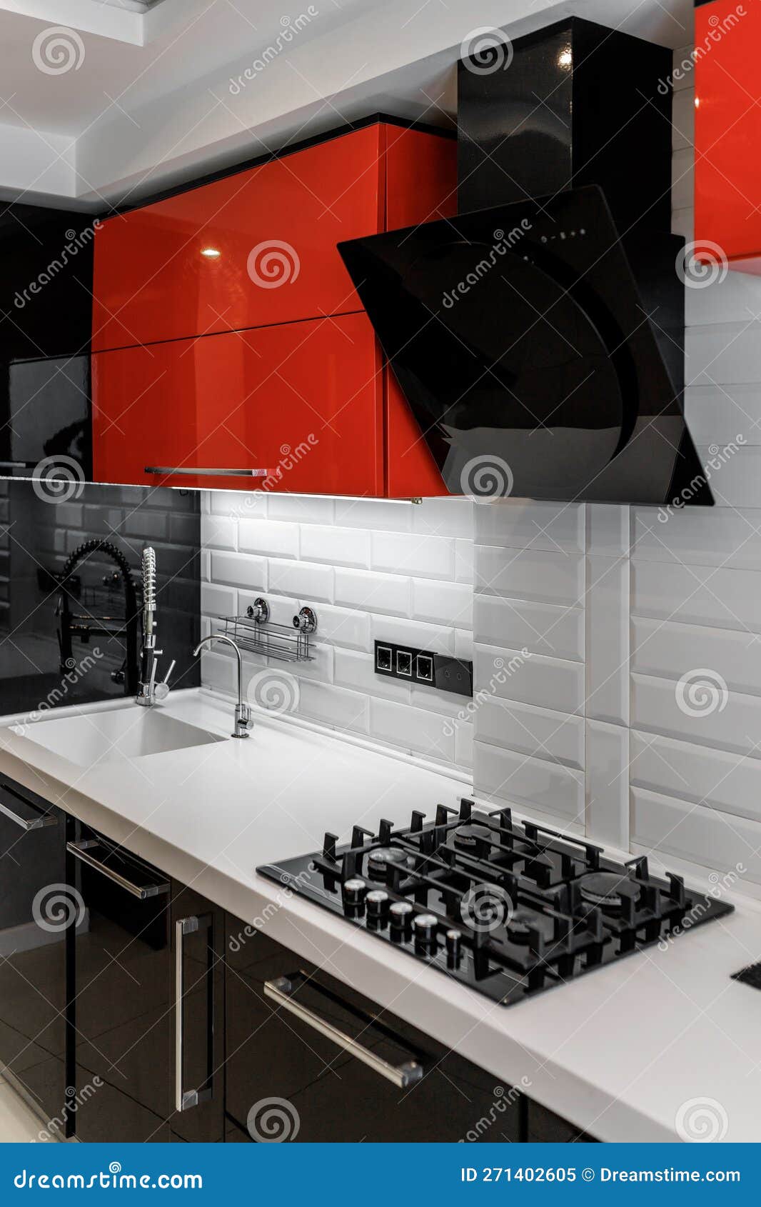 Modern Kitchen Interior with Red and Black Cabinets and White Ceramic