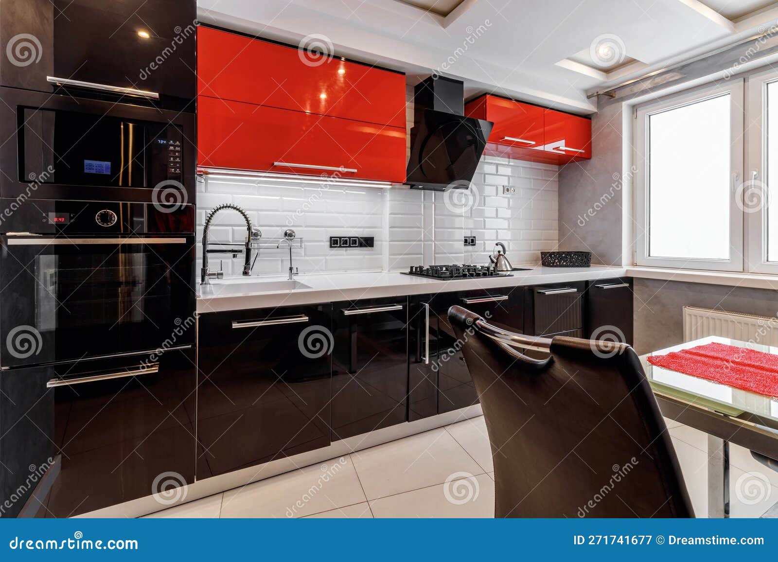 Modern Kitchen Interior with Red and Black and White Ceramic Floor Stock Image Image