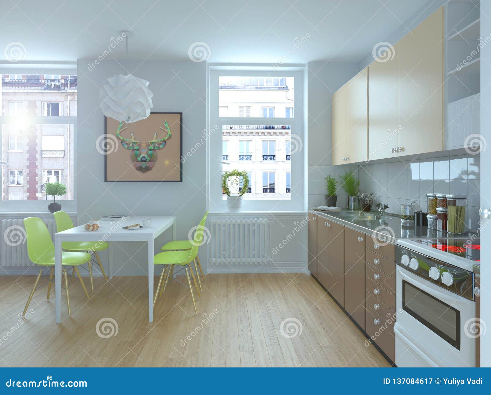 Modern Kitchen Interior In Scandinavian Style 3d Rendering