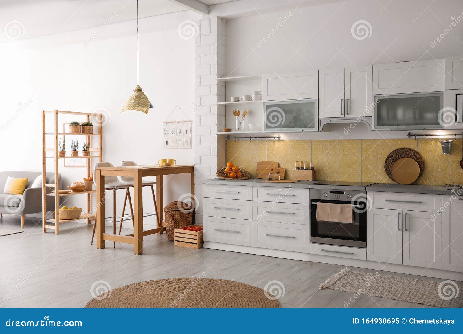 Modern Kitchen Interior With Wooden Table Stock Image Image Of House Cozy 164930695