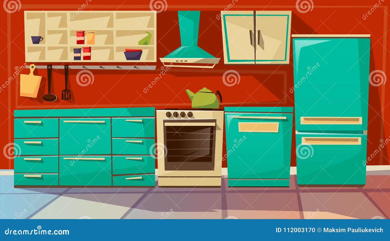 Modern Kitchen Interior Background Vector Cartoon Illustration Of