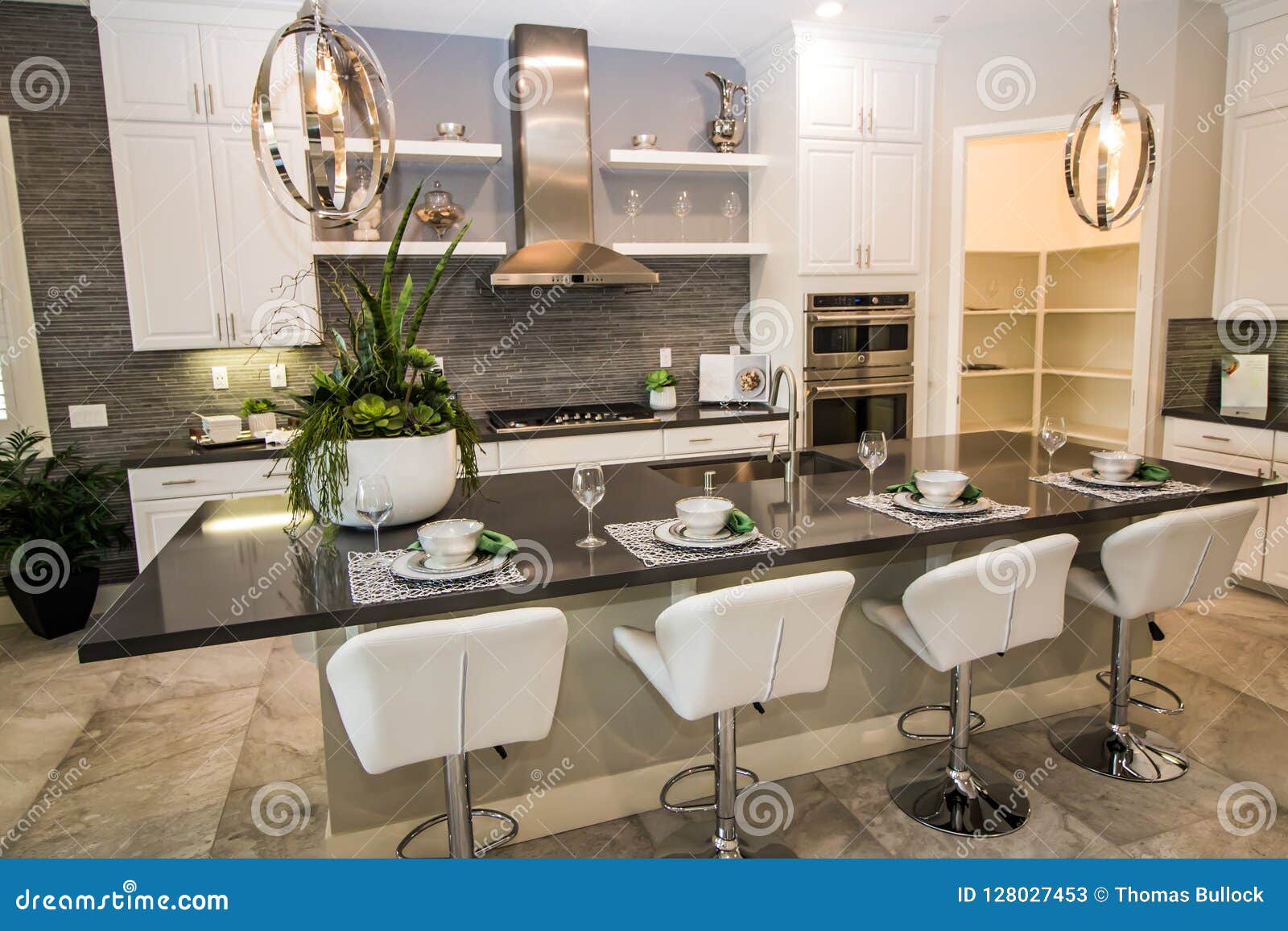 Modern Kitchen with Marble Counter Bar Stock Image Image of double