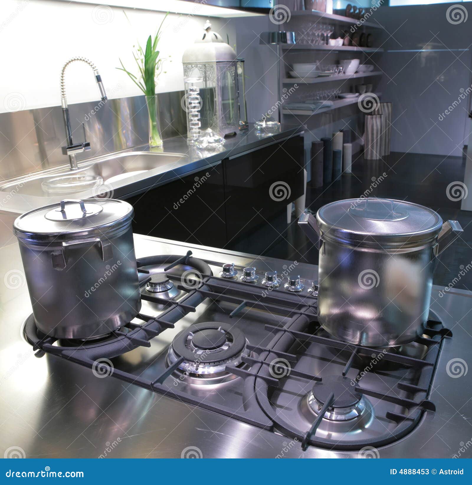 Modern Kitchen with Saucepan Stock Image Image of lids, reflections
