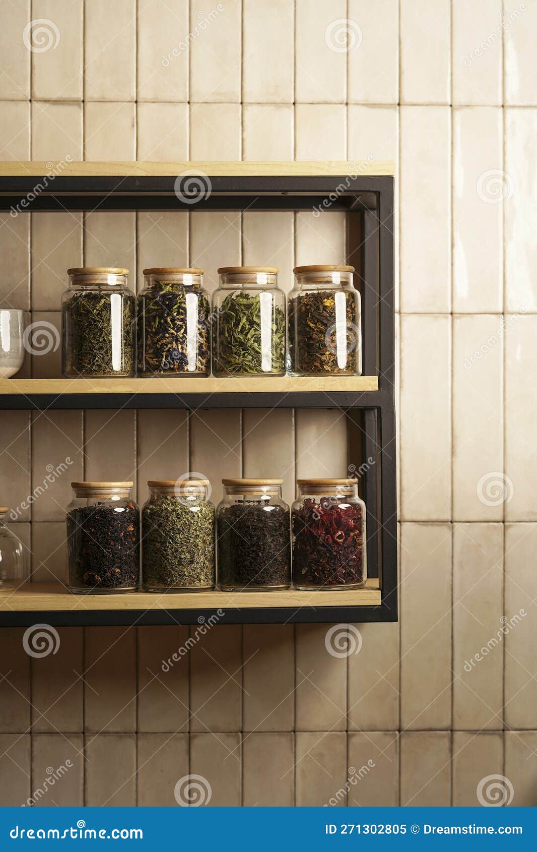 Modern Kitchen Shelf with White Tiles Wall Stock Image Image of vertical, room 271302805