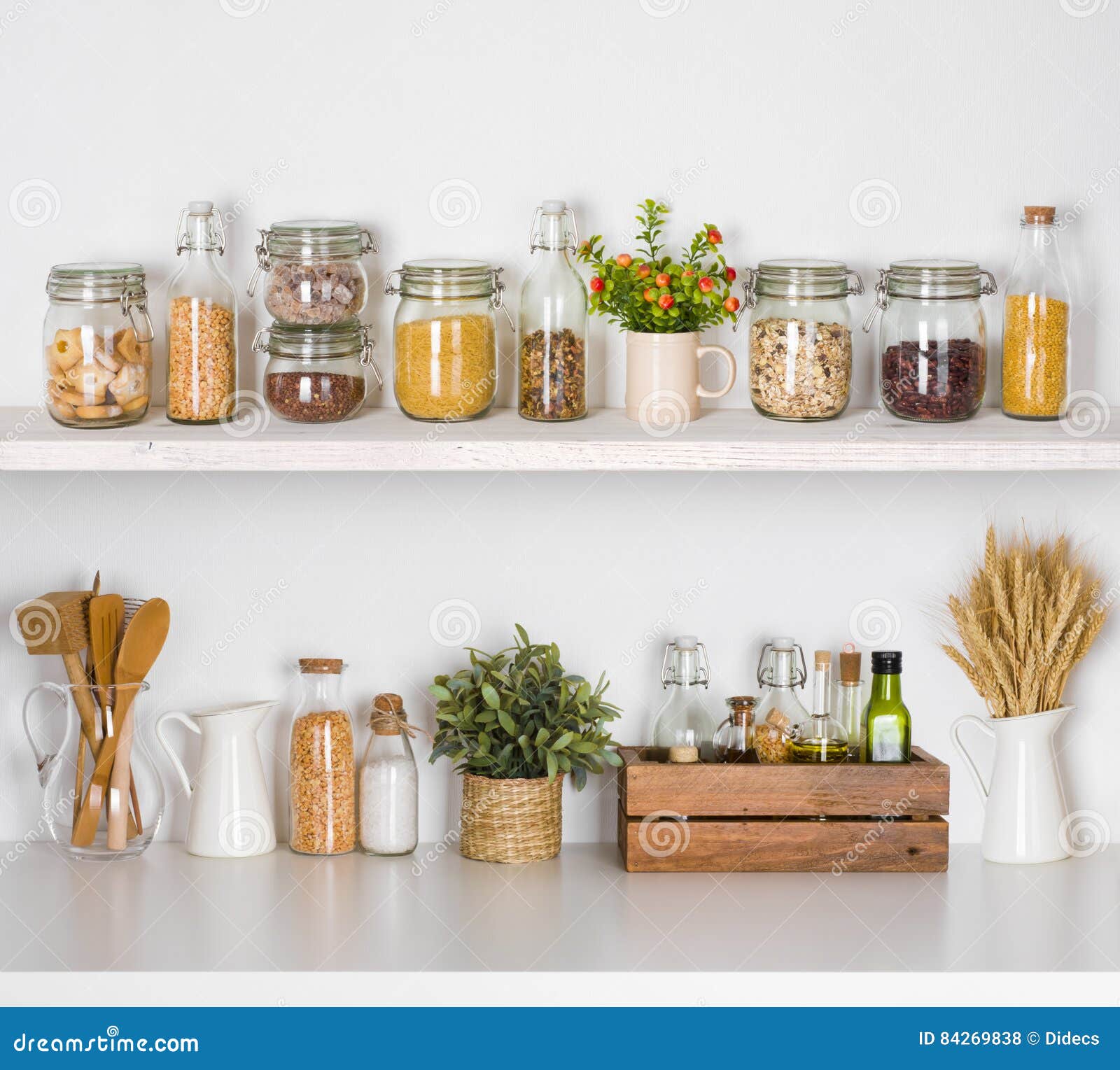 Modern Kitchen Shelves with Various Food Ingredients on White