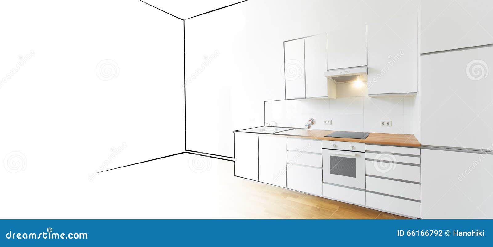 Modern Kitchen Sketch And Photo - Interior Design Concept Stock