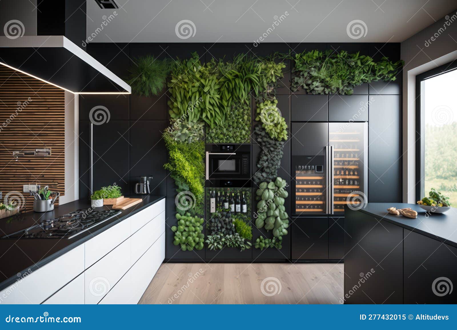 A Modern Kitchen with a Vertical Garden Wall and Sleek Appliances Stock