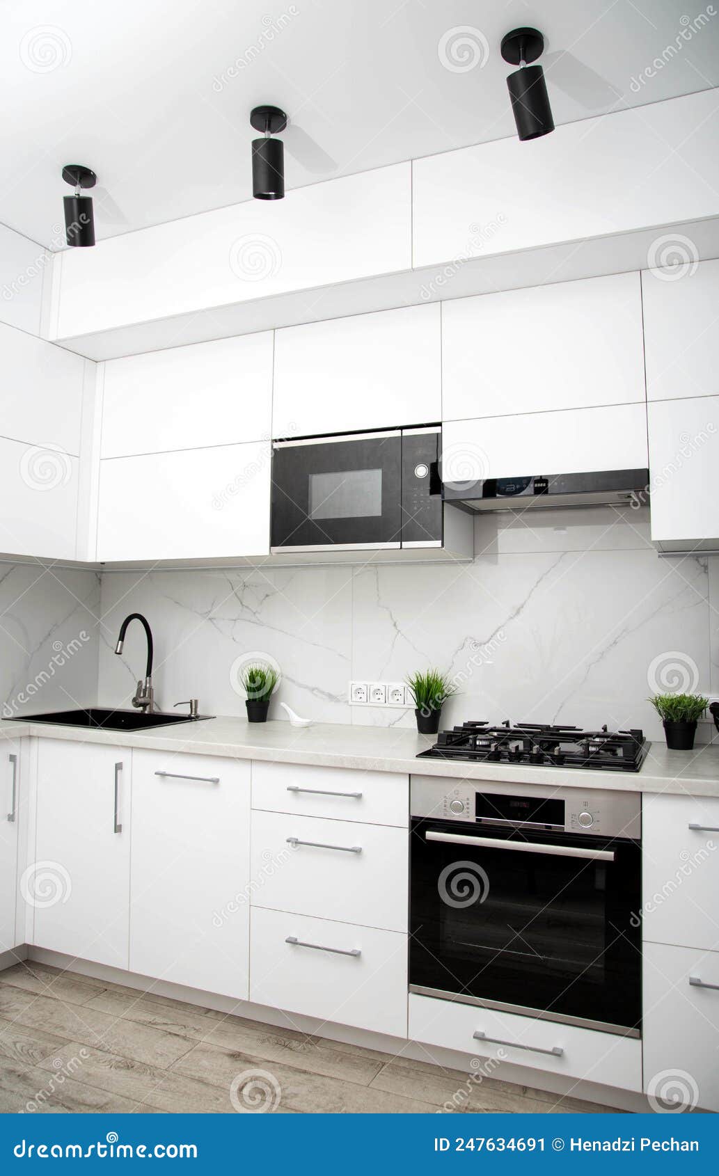 Modern Kitchen in White and Black. Beautiful New Interior Stock Image -  Image of cuisine, white: 247634691