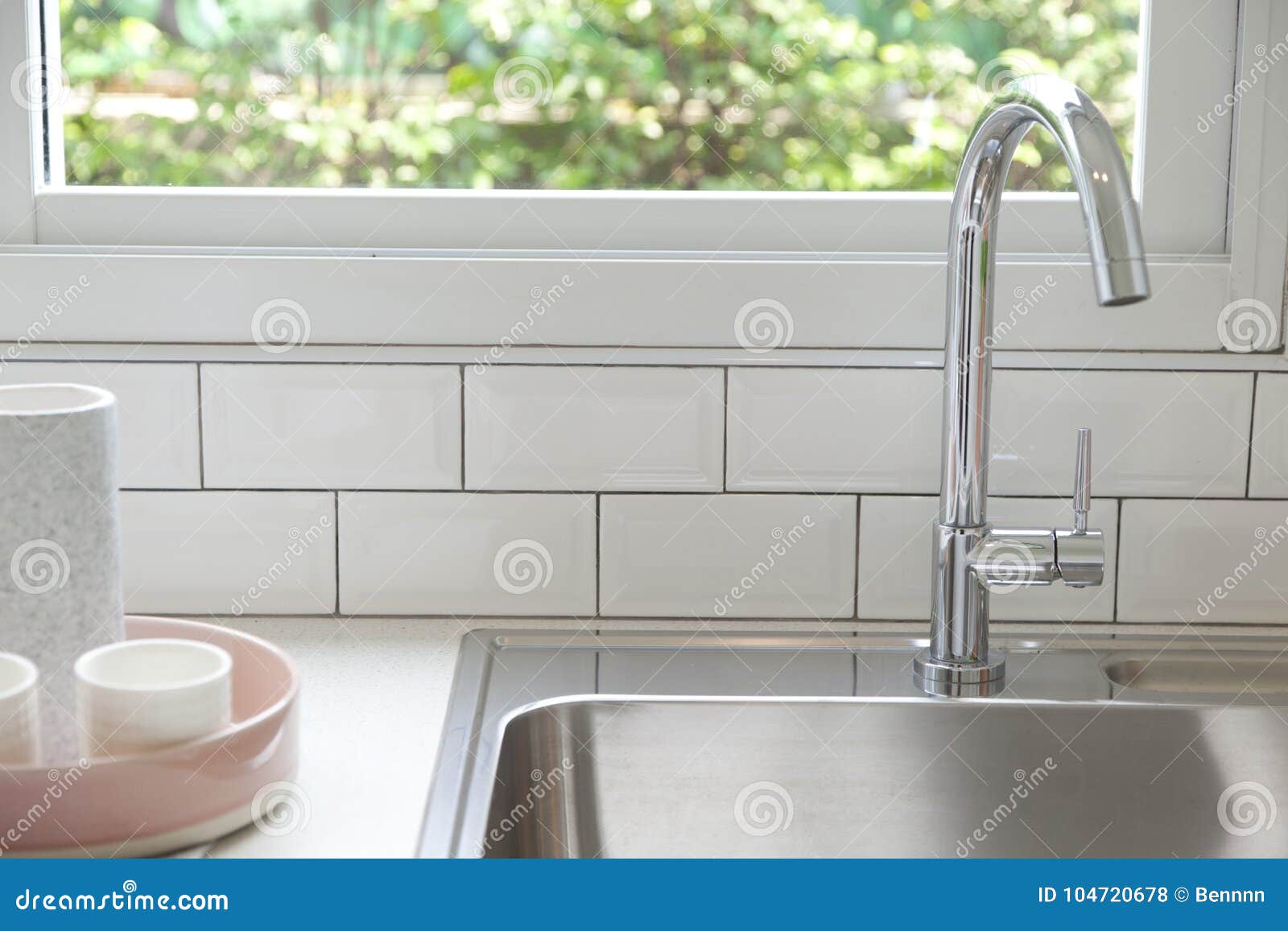 Modern Kitchen with White Worktop Sink Stock Photo Image of flat