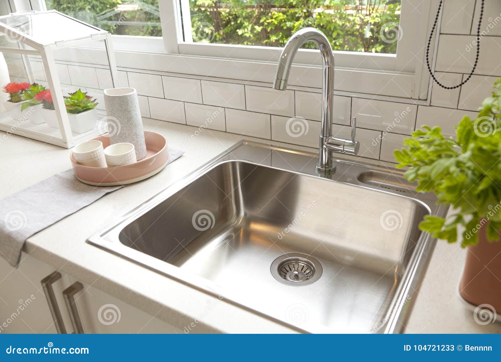 Modern Kitchen with White Worktop Sink Stock Image Image of decor