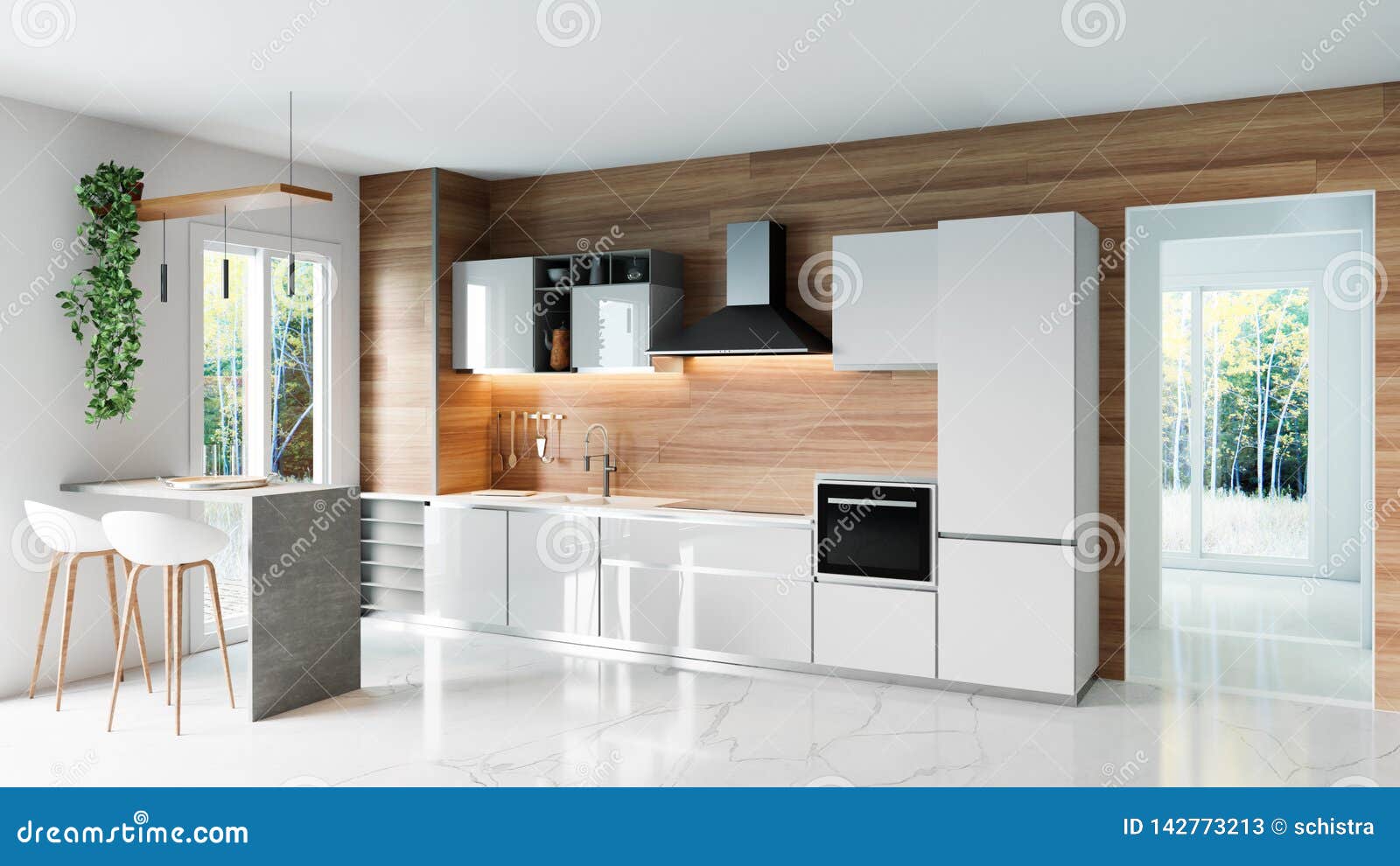 Modern Kitchen With Wooden Wall And White Marble Floor