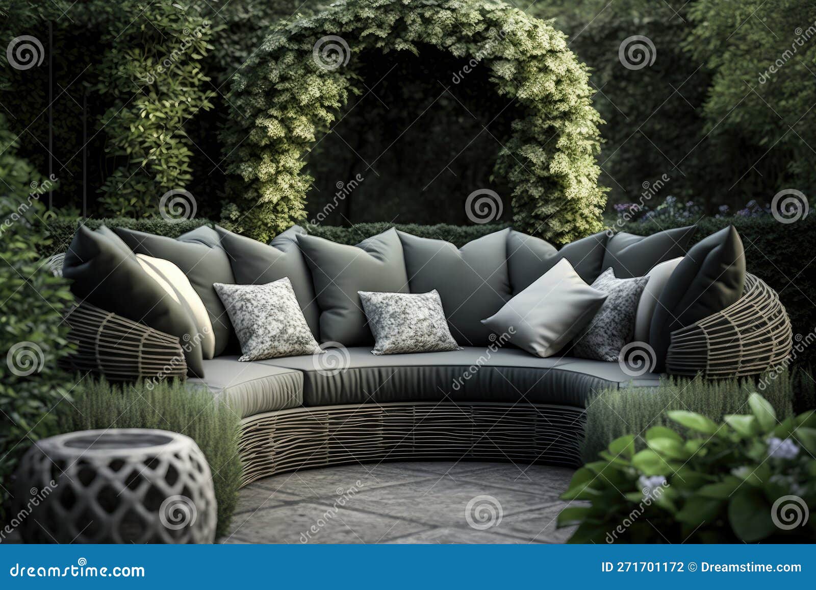 A Modern L Shaped Wicker Sofa with Grey Pillows in a Lush Garden Stock