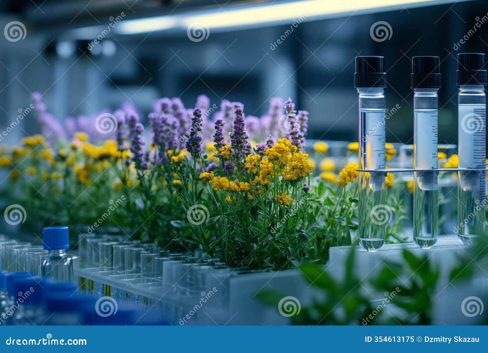 laboratory analysis of plant-based food samples with vibrant flowers