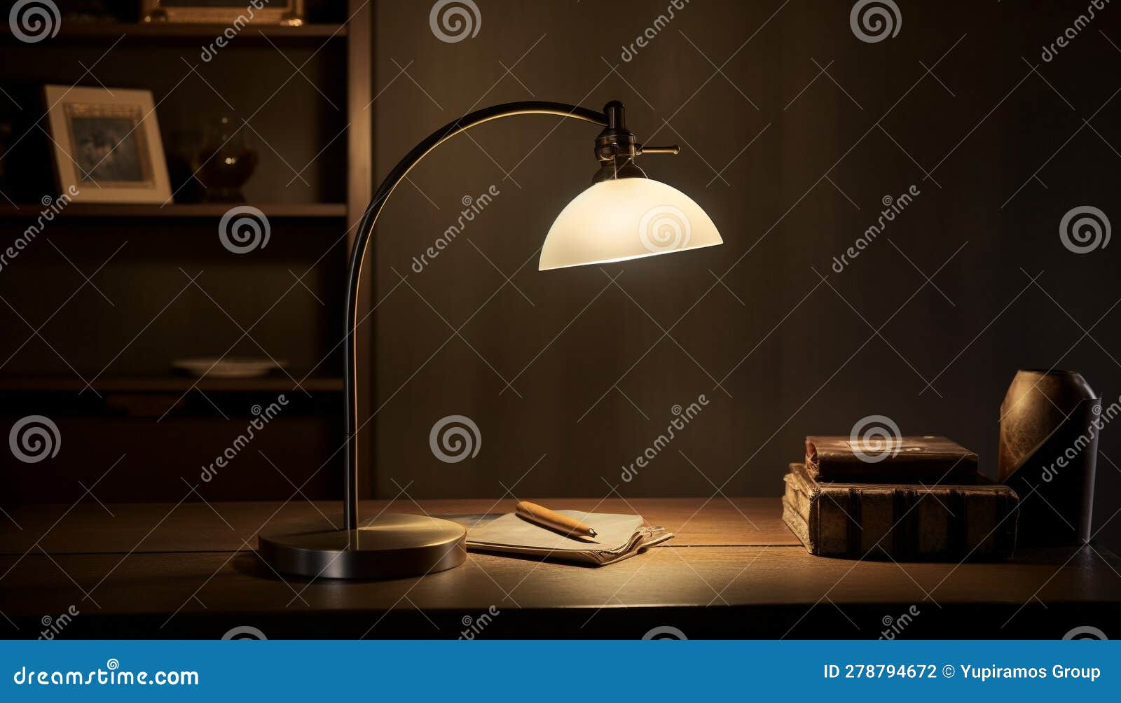 Modern Lamp Illuminates Antique Literature on Wooden Desk in Library ...