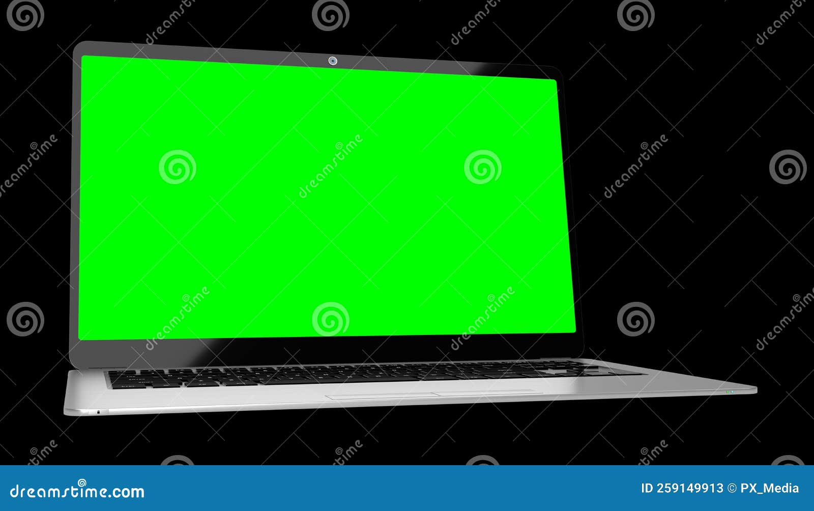 Modern Laptop with Empty Green Screen on Black Background 3D
