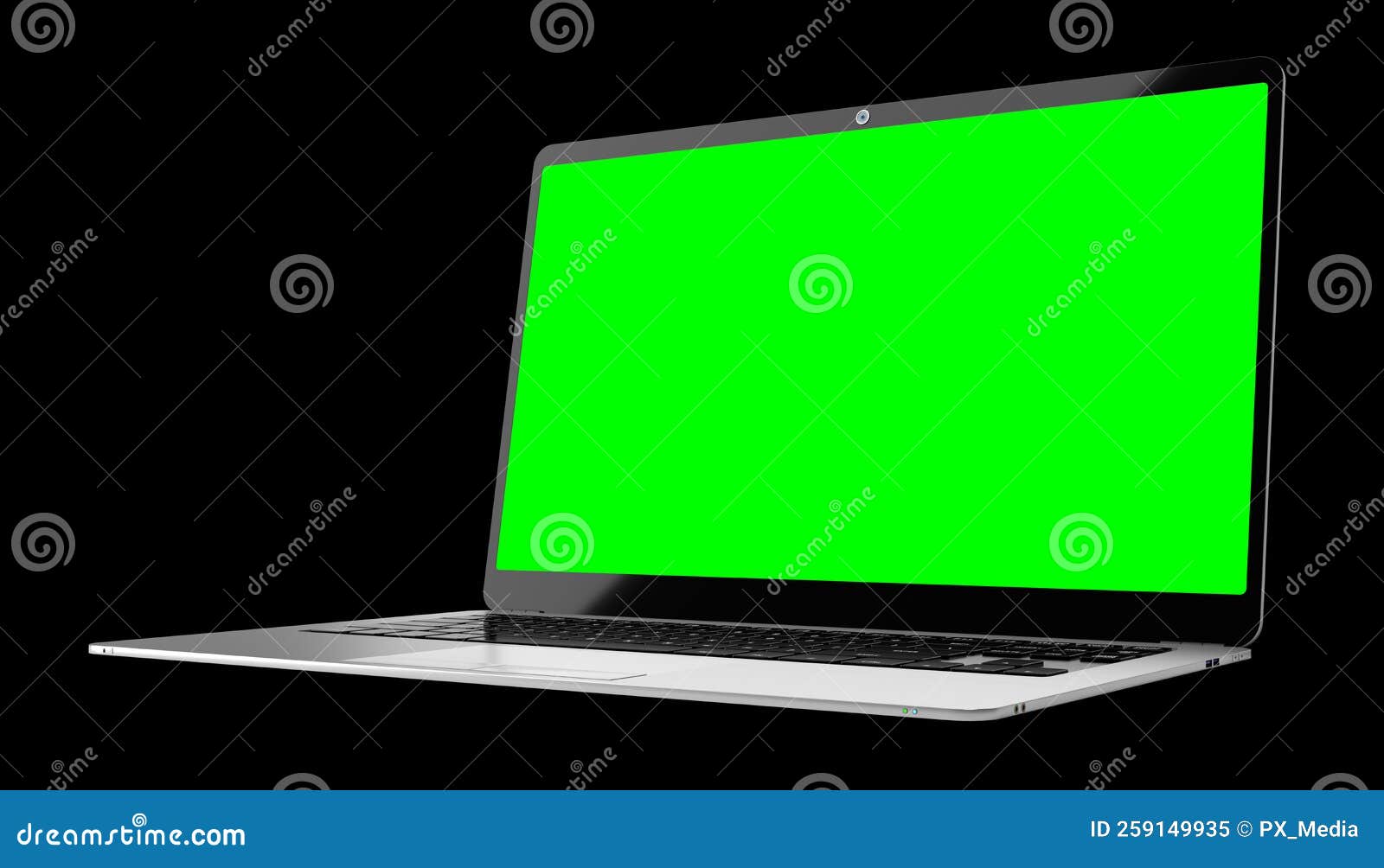 Modern Laptop with Empty Green Screen on Black Background 3D