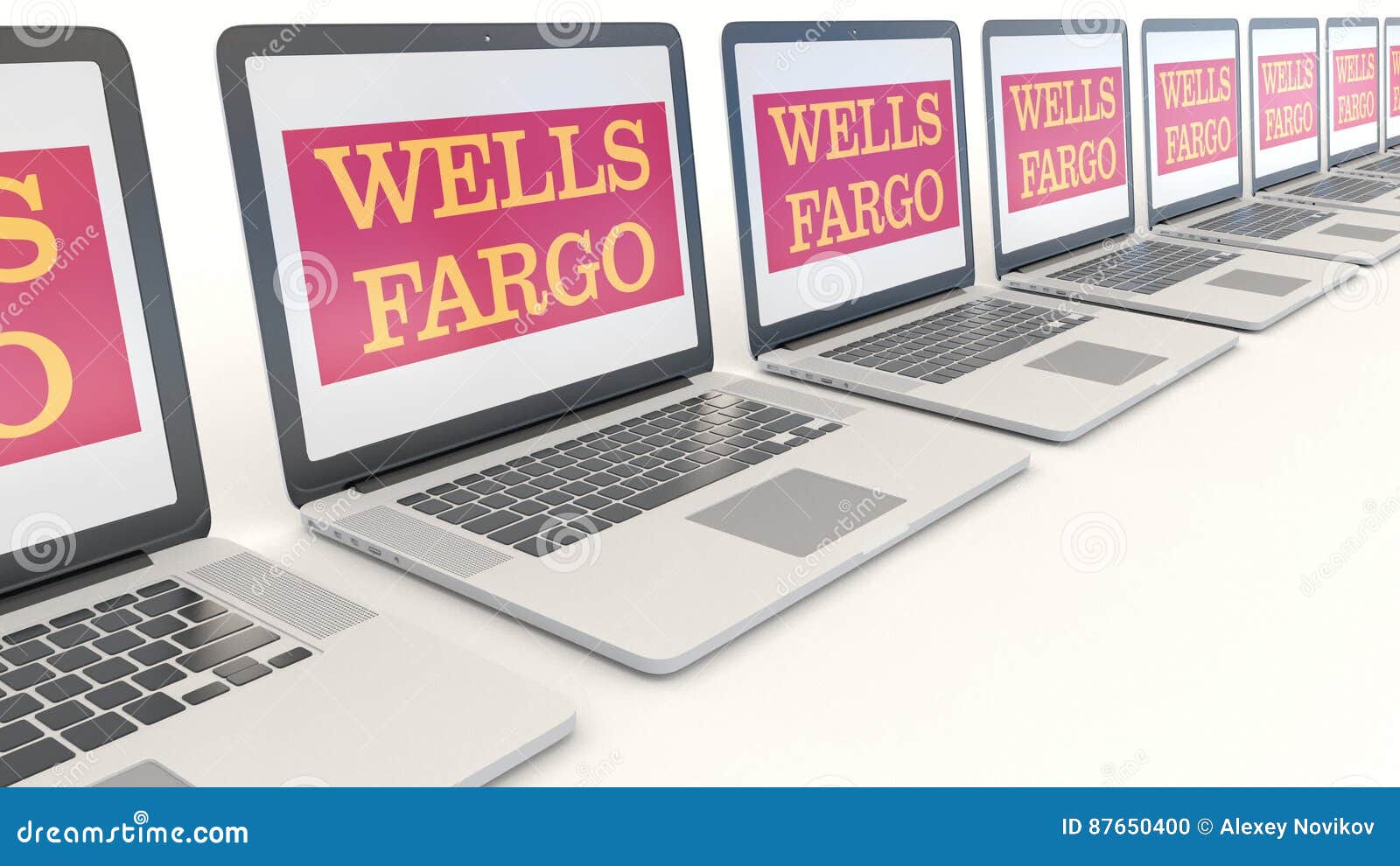 Modern Laptops with Wells Fargo Logo. Computer Technology Conceptual Editorial 4K Clip, Seamless