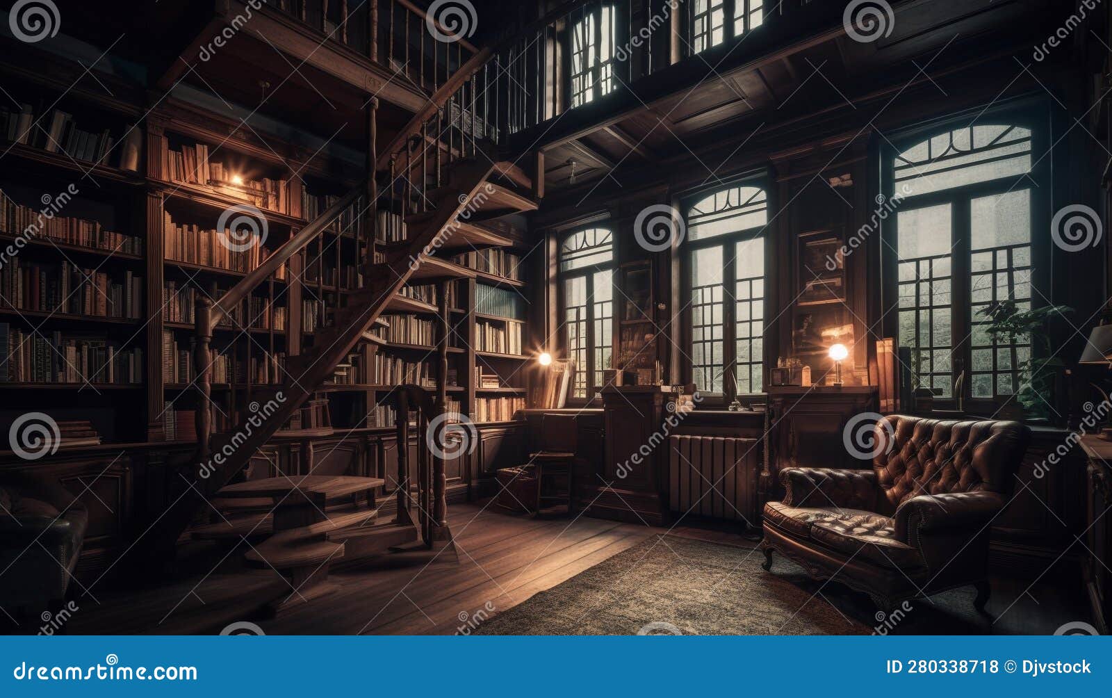 Modern Library with Antique Book Collection, Comfortable Sofa for