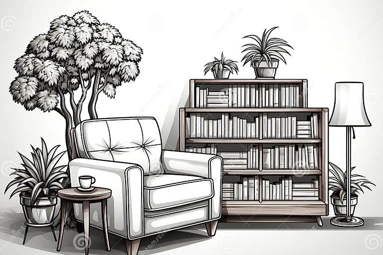 The Modern Library Furniture Design Interior Line Art Vector Stock ...