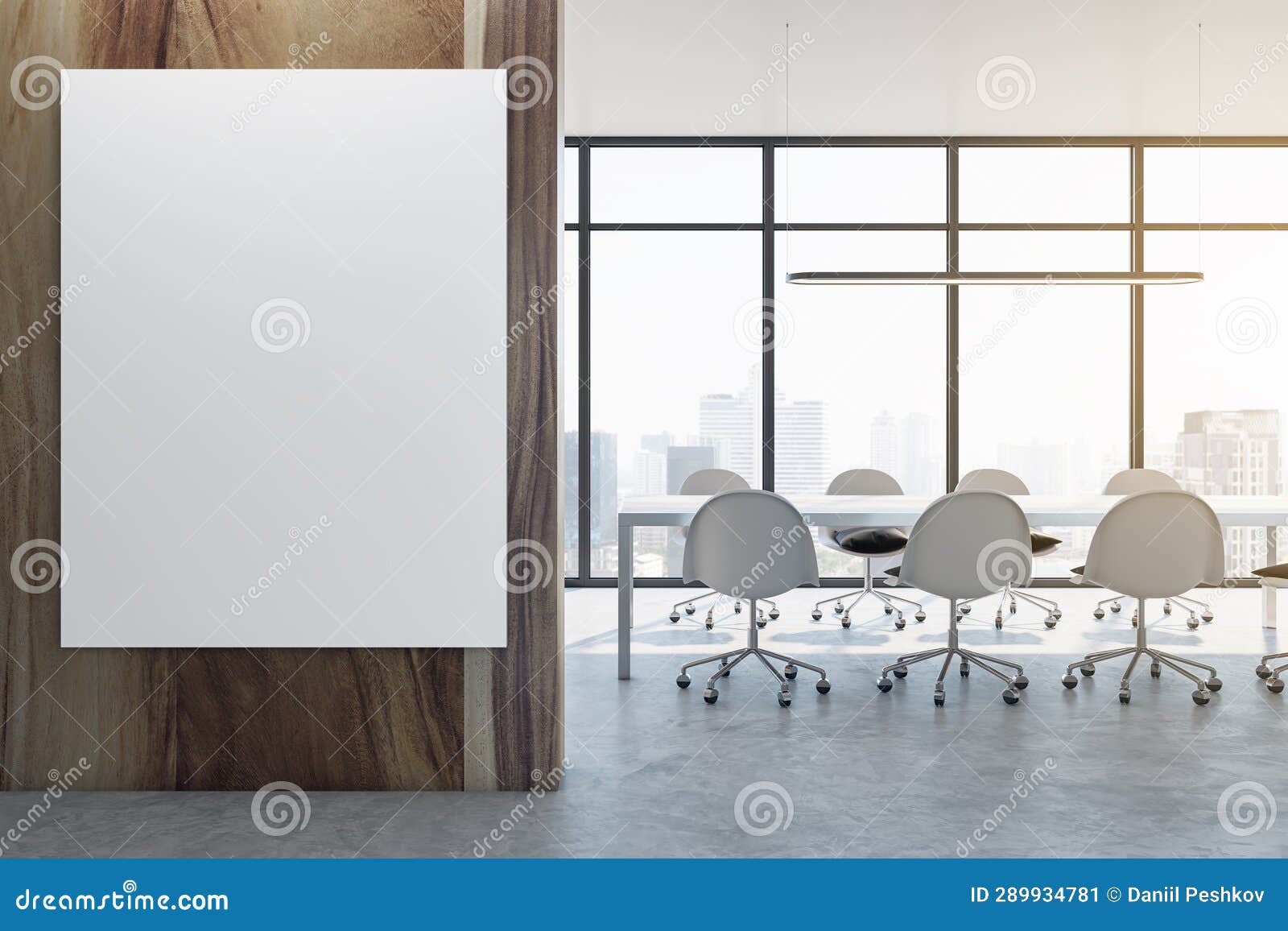 modern meeting room interior with empty mock up banner on wooden wall, table, chairs, panoramic windows with ciity view and